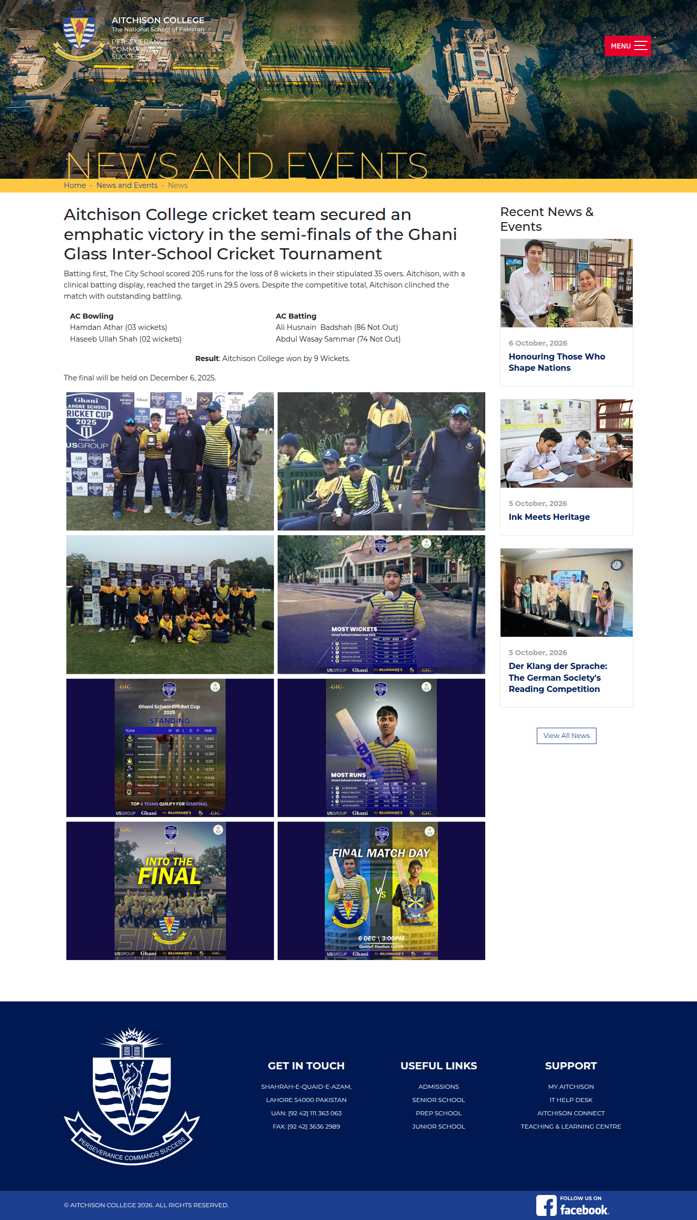 Snapshot of Aitchison College cricket team secured an emphatic victory in the semi-finals of the Ghani Glass Inter-School Cricket Tournament