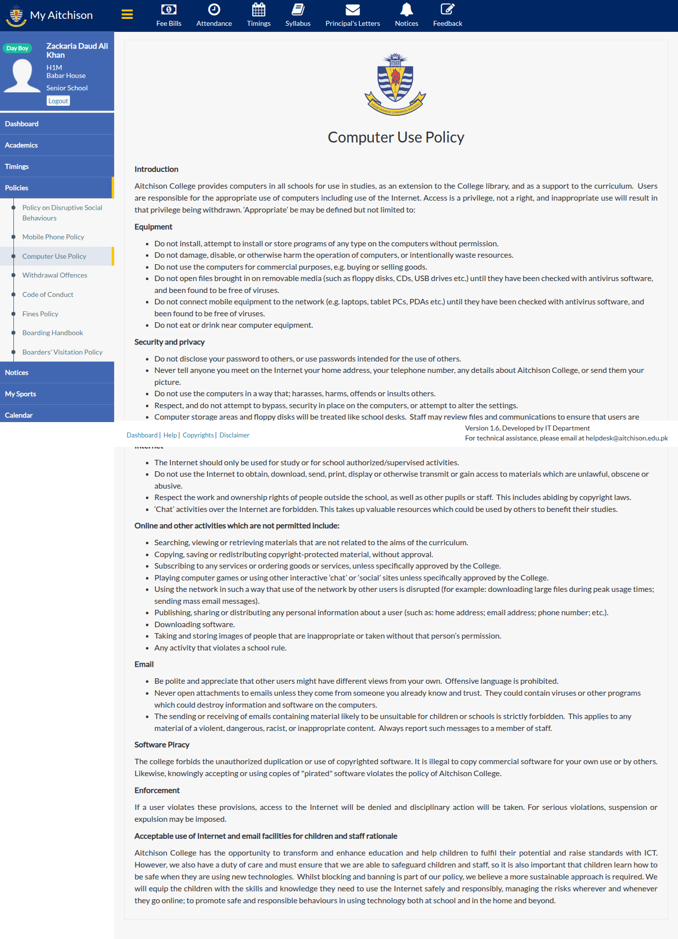 Snapshot of Computer Use Policy | My Aitchison