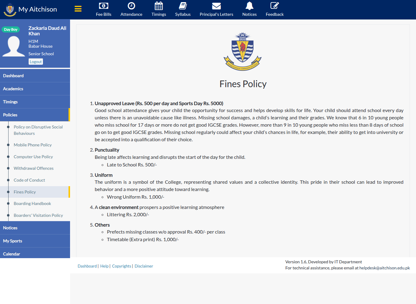 Snapshot of Fines Policy | My Aitchison