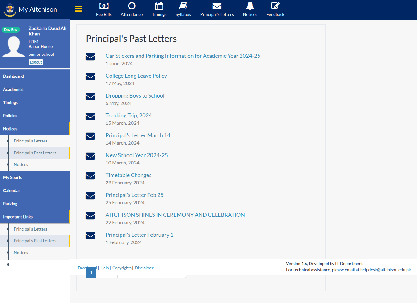 Snapshot of Principal's Past Letters | My Aitchison