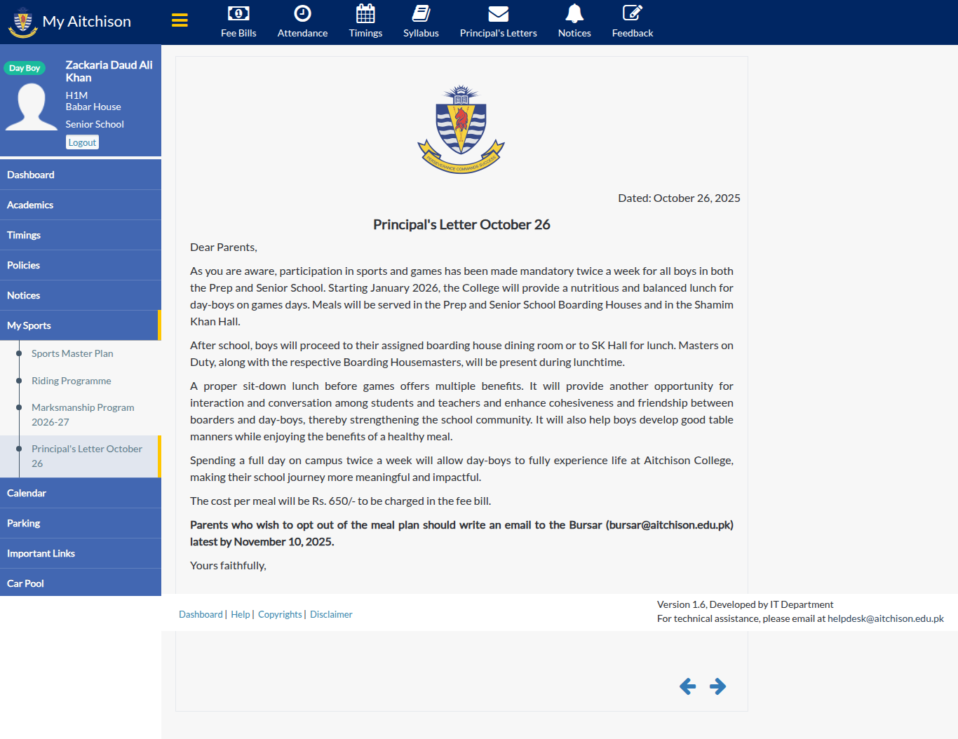 Snapshot of Principal's Letter October 26