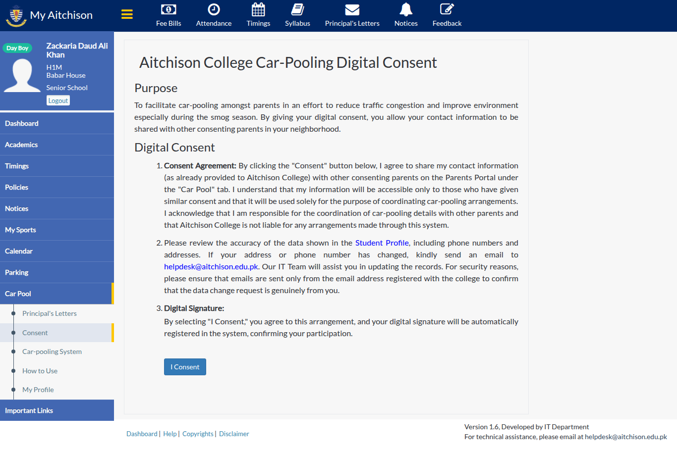 Snapshot of Aitchison College Car-Pooling Digital Consent | My Aitchison