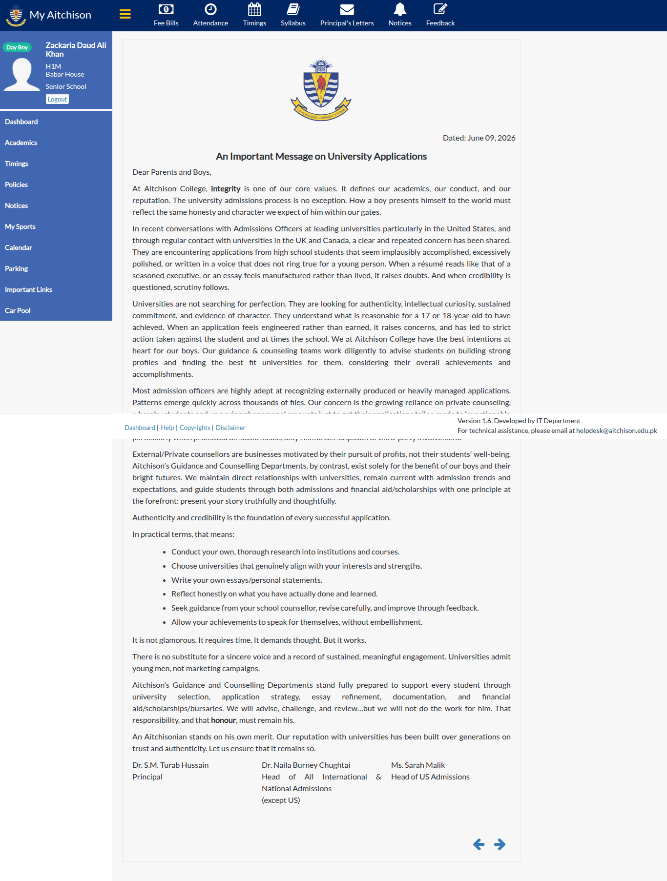 Snapshot of An Important Message on University Applications