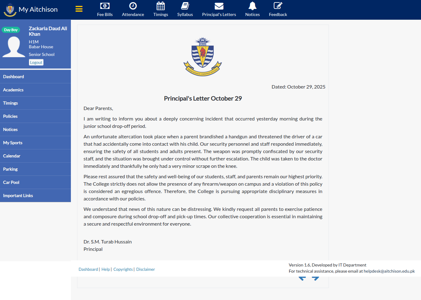 Snapshot of Principal's Letter October 29