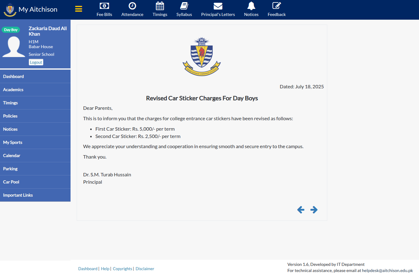 Snapshot of Revised Car Sticker Charges For Day Boys