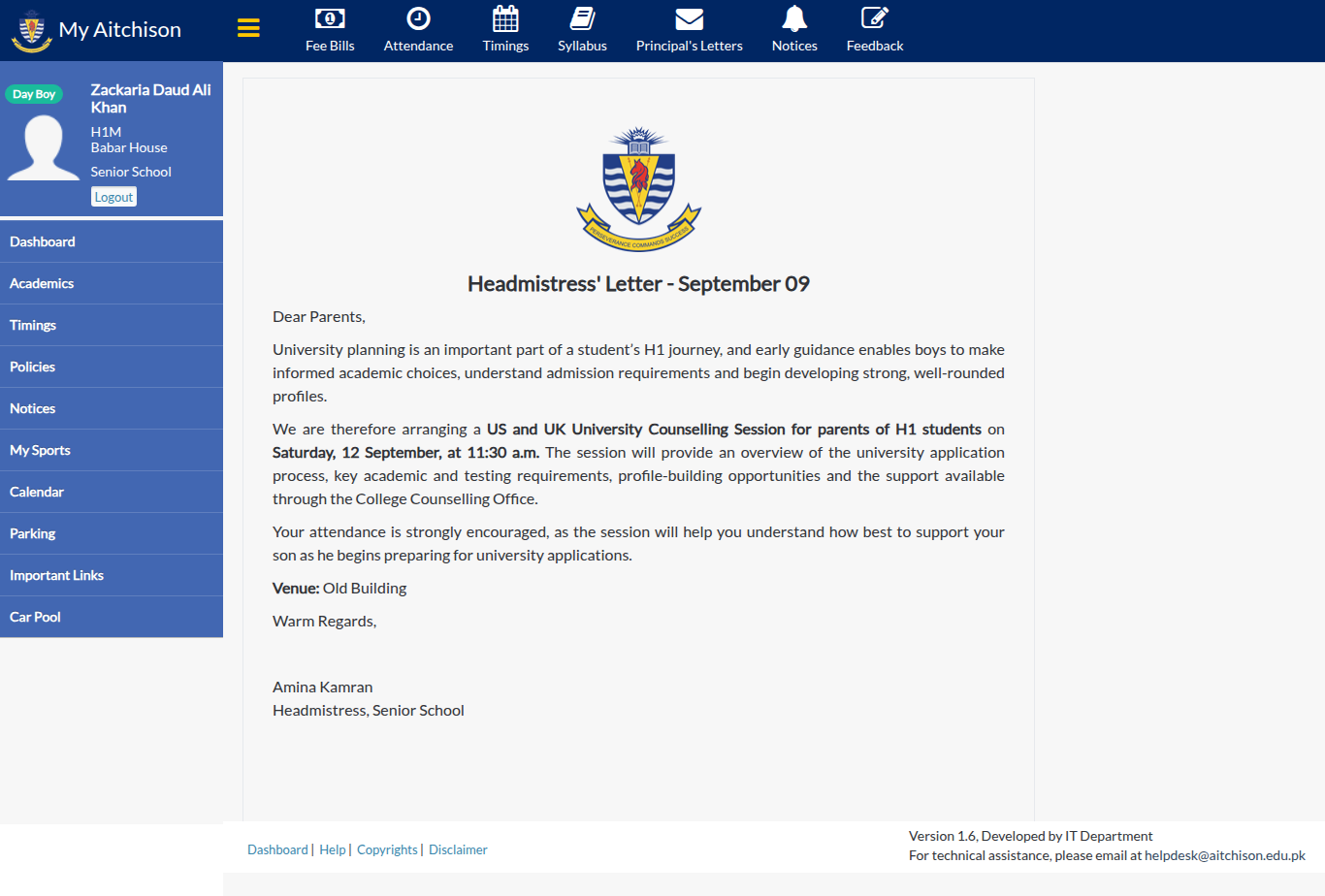 Snapshot of Headmistress' Letter - September 09