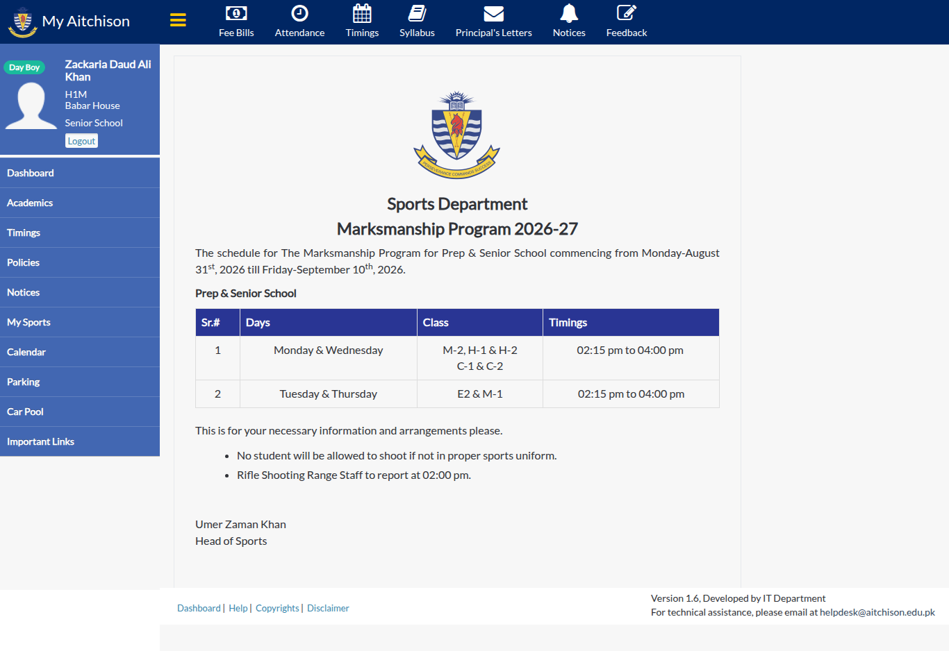 Snapshot of Sports Department Marksmanship Program 2026-27 The