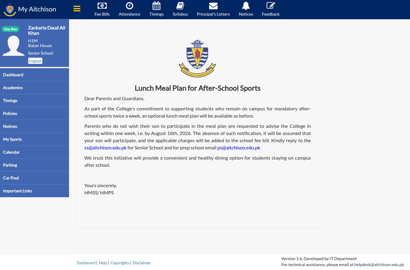 Snapshot of Lunch Meal Plan for After-School Sports