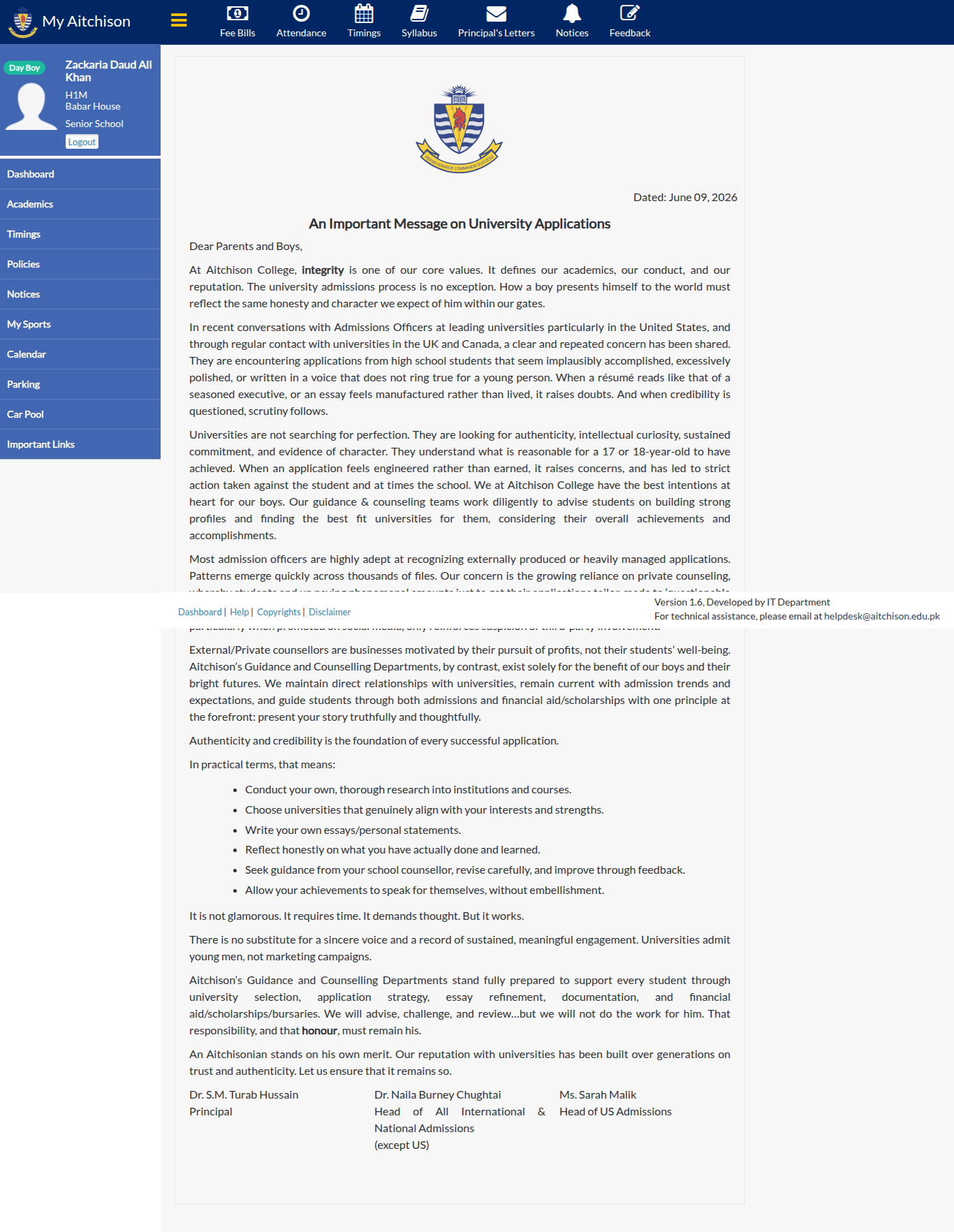 Snapshot of An Important Message on University Applications