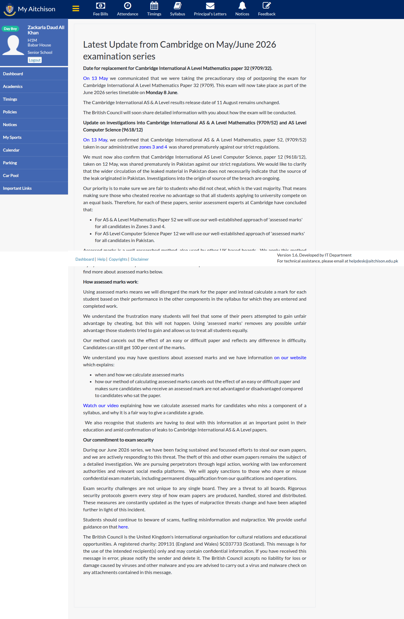 Snapshot of Latest Update from Cambridge on May/June 2026 examination series