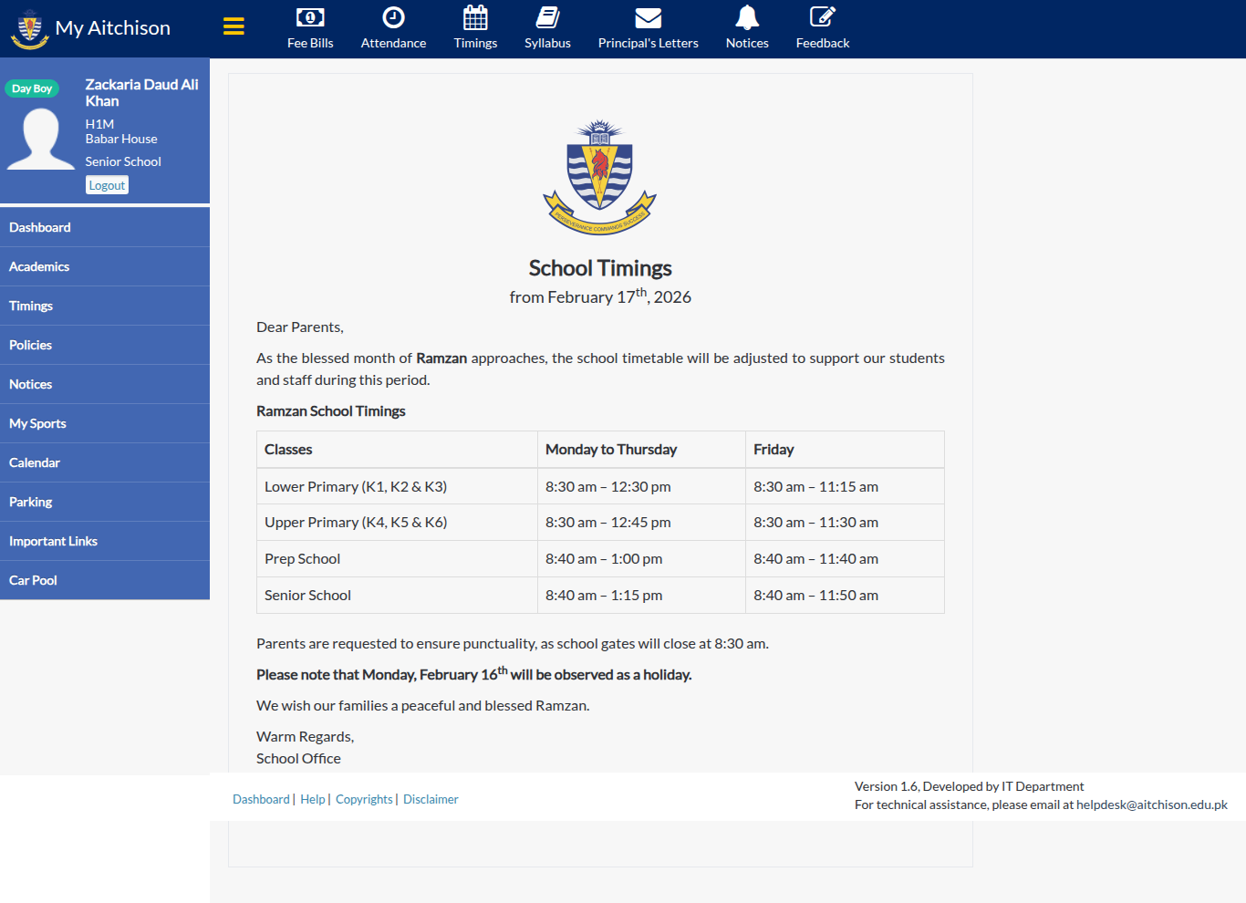 Snapshot of School Timings