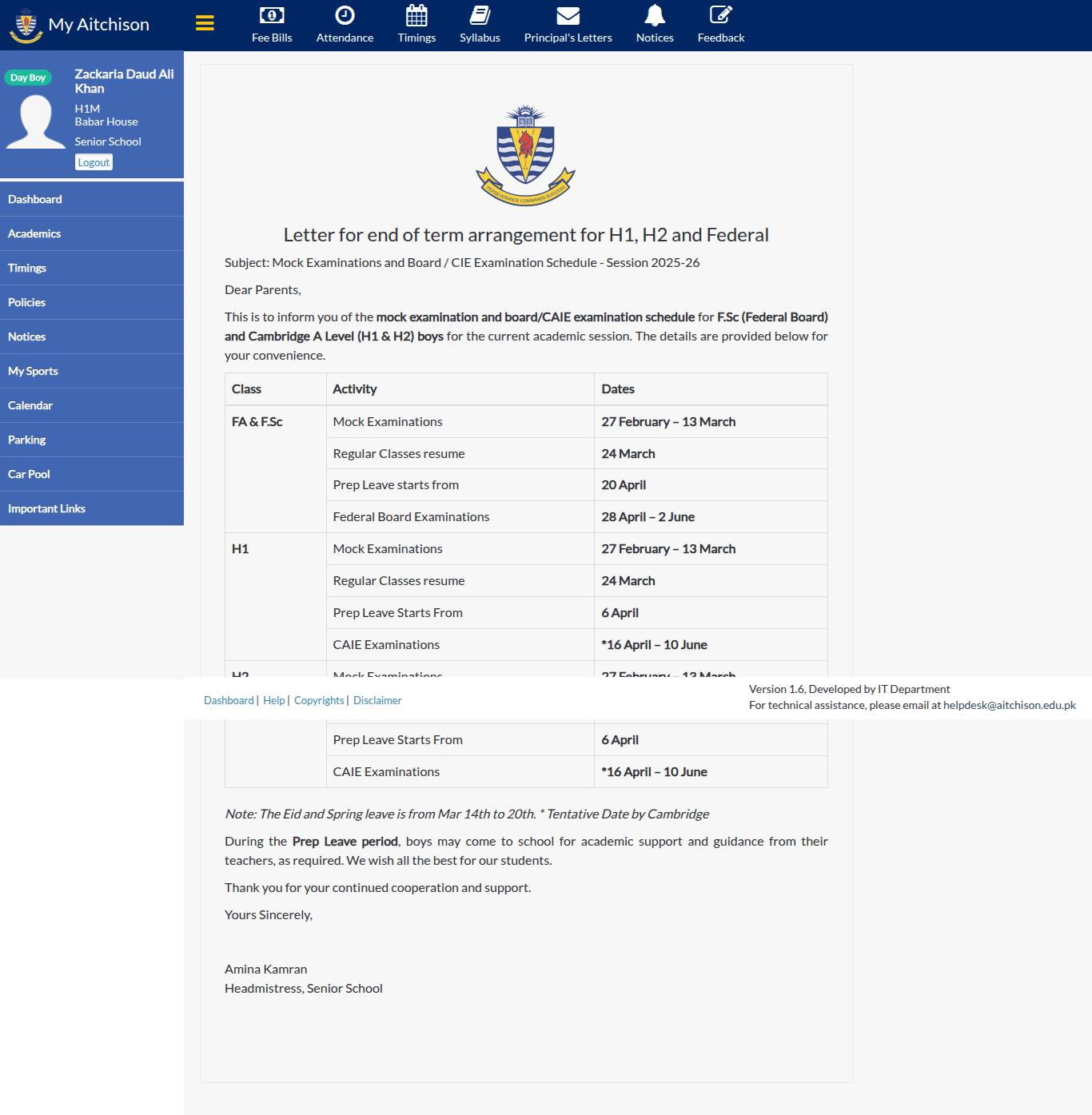Snapshot of Letter for end of term arrangement for H1, H2 and Federal