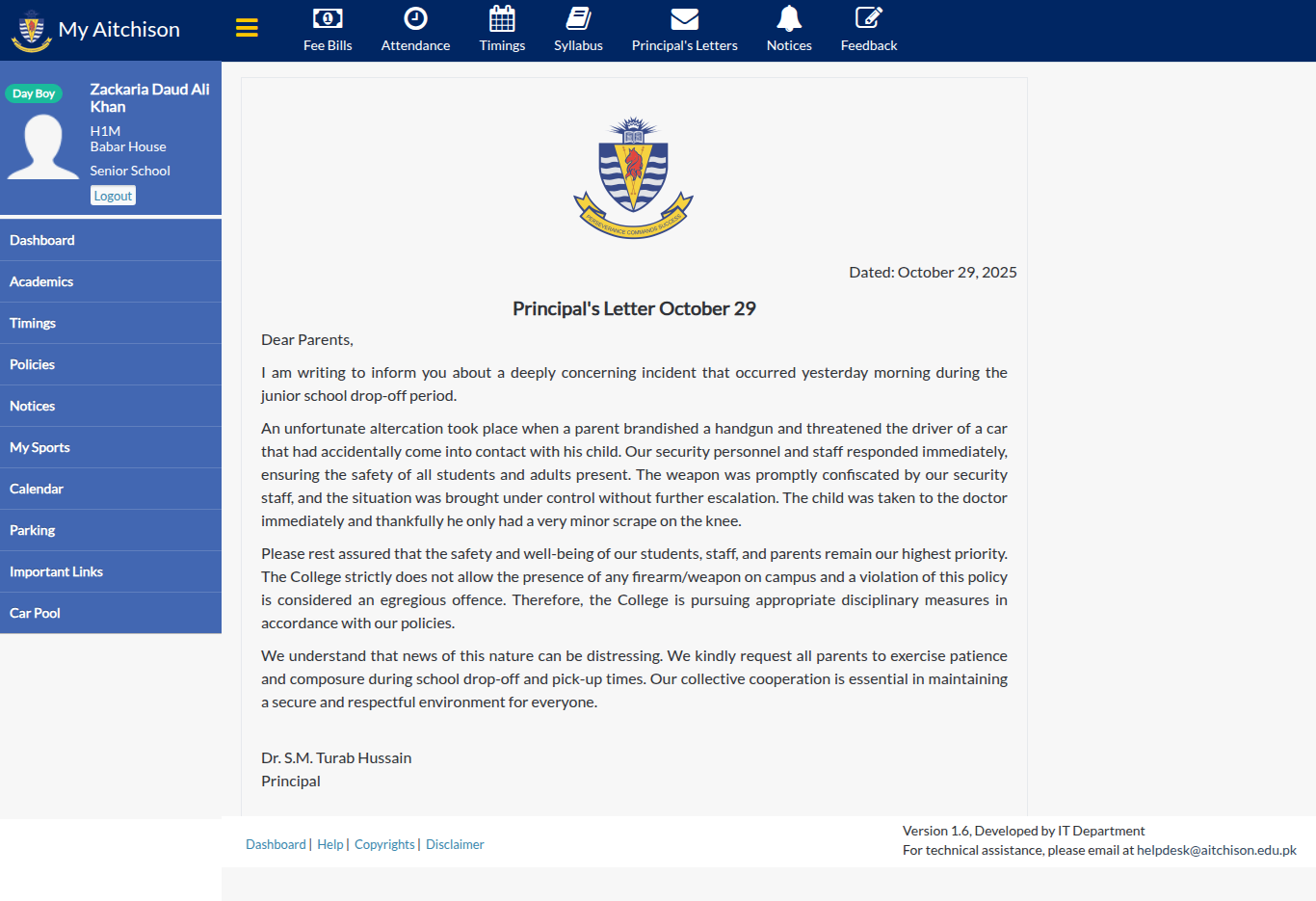 Snapshot of Principal's Letter October 29