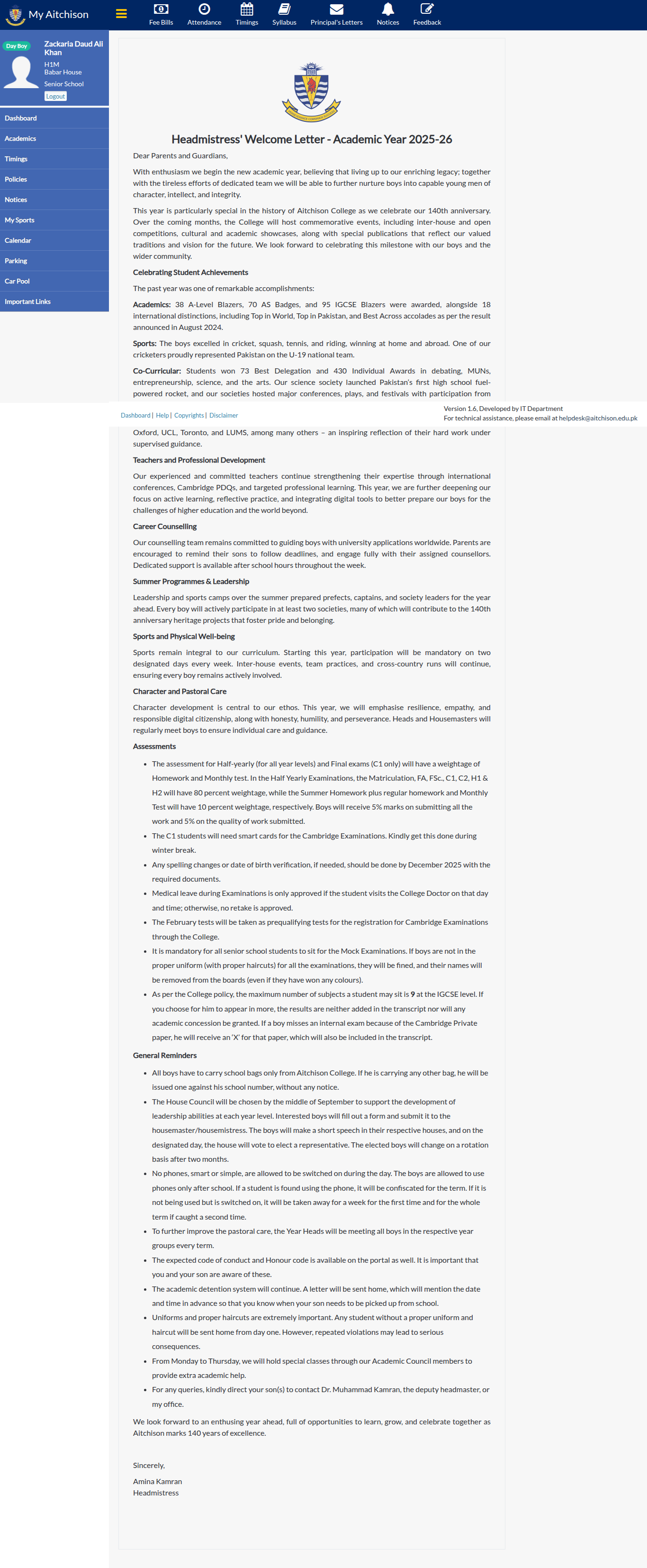 Snapshot of Headmistress' Welcome Letter - Academic Year 2025-26