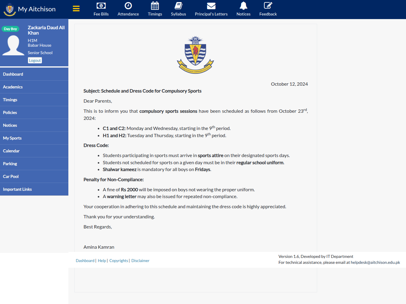 Snapshot of Schedule and Dress Code for Compulsory Sports