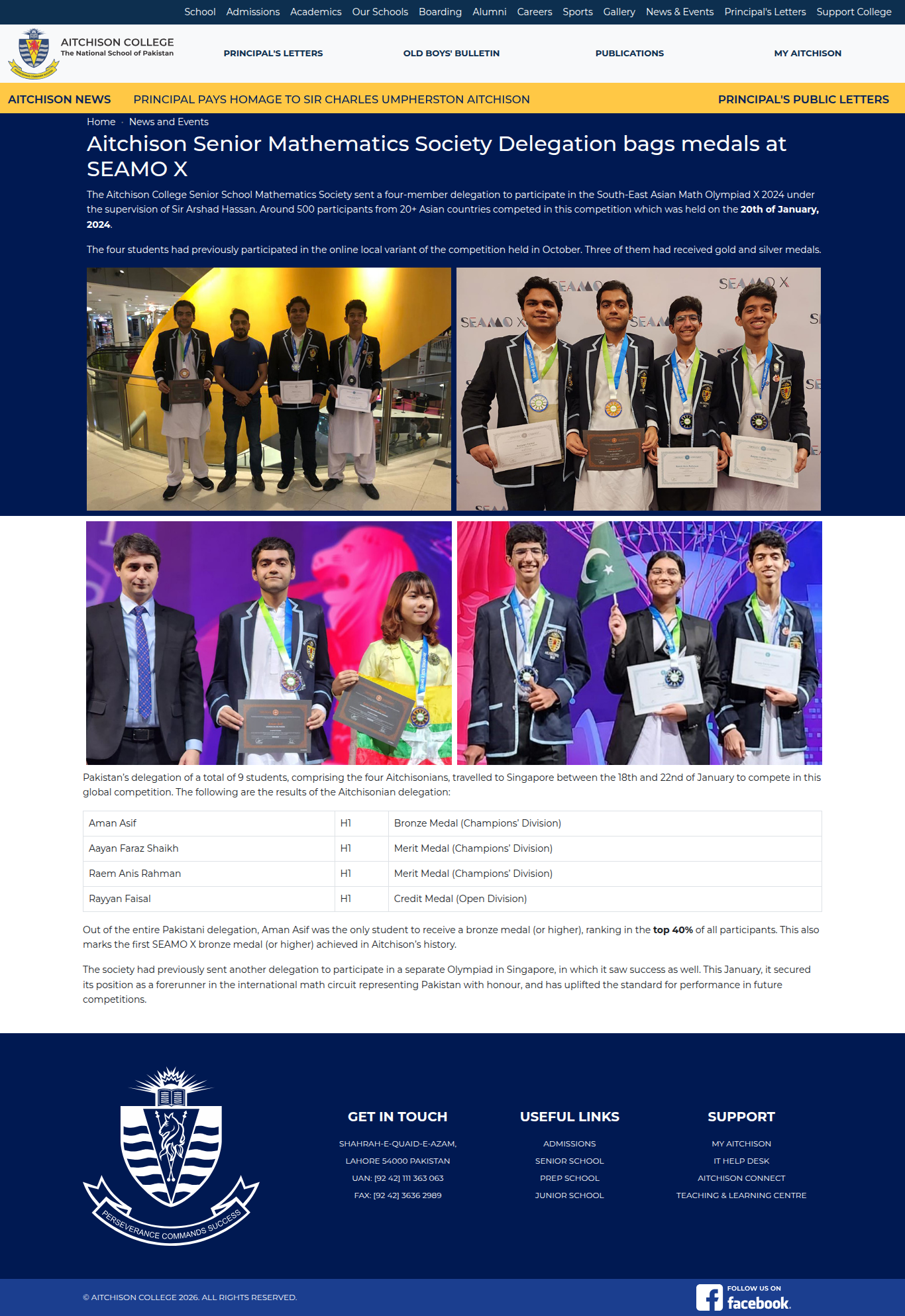 Snapshot of Aitchison Senior Mathematics Society Delegation bags medals at SEAMO X
