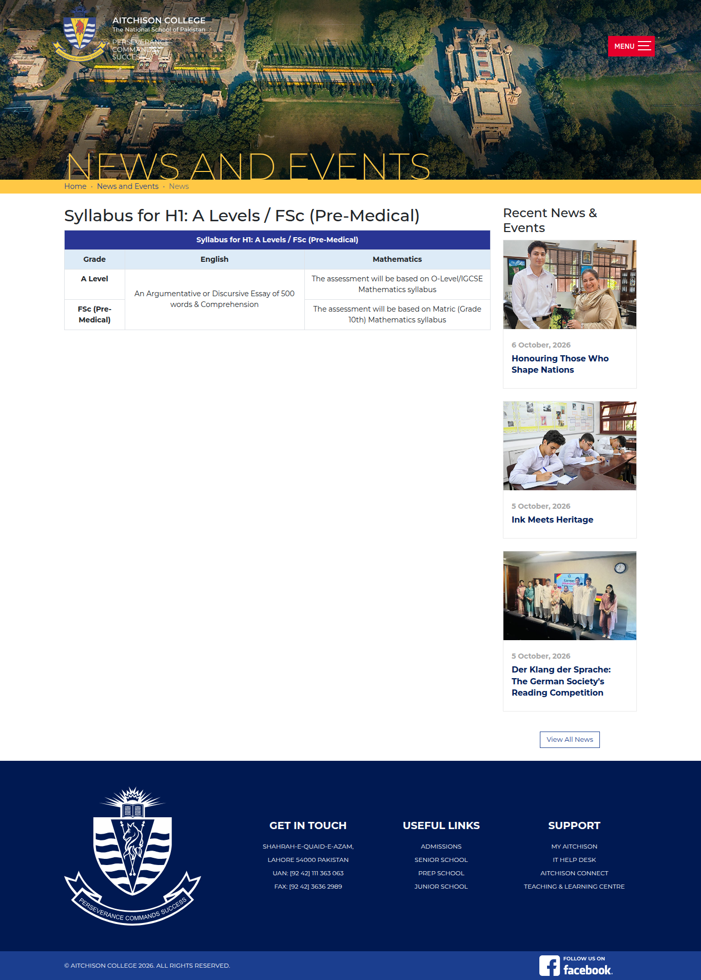 Snapshot of Syllabus for H1: A Levels / FSc (Pre-Medical)