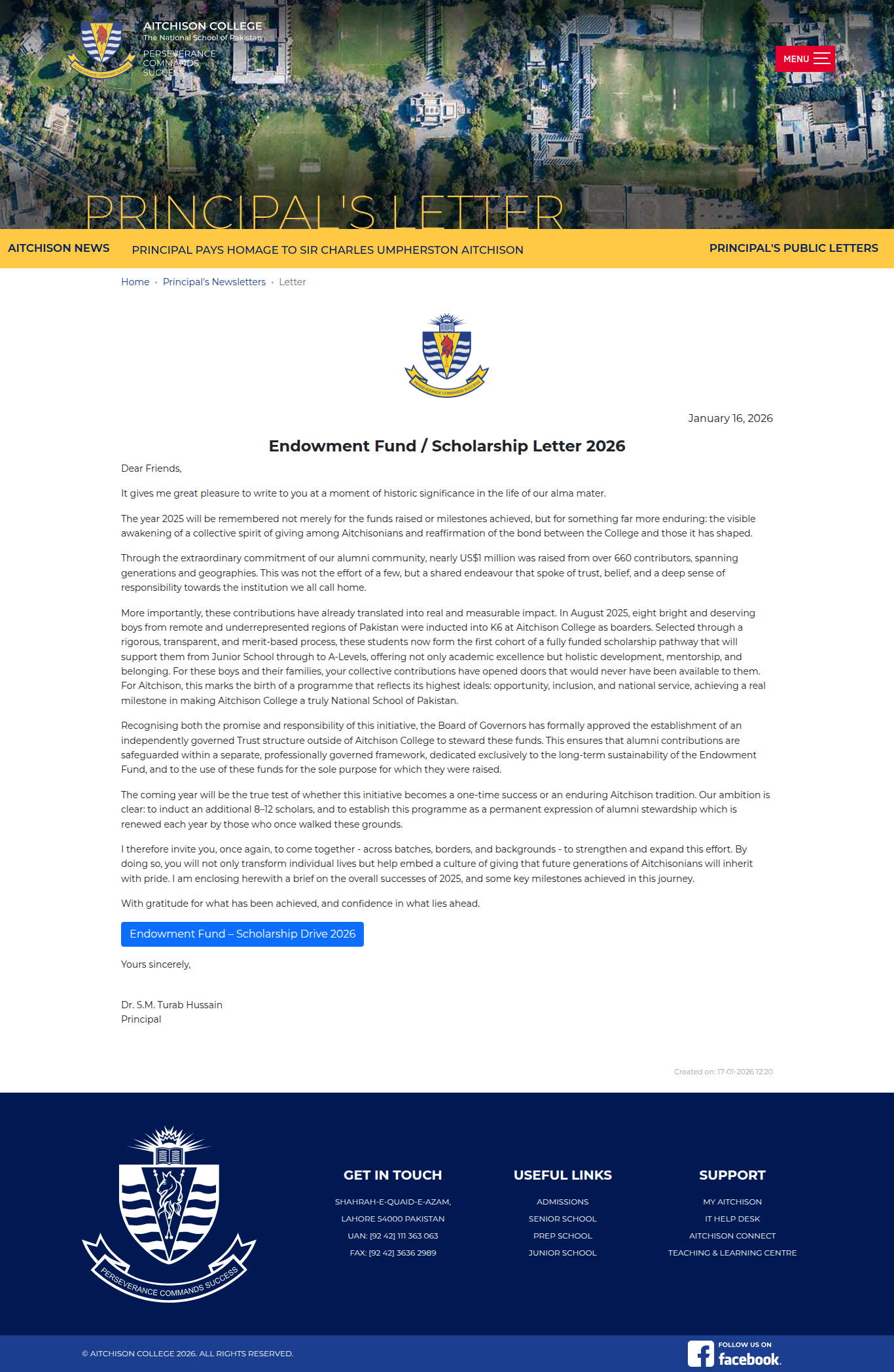 Snapshot of Endowment Fund / Scholarship Letter 2026