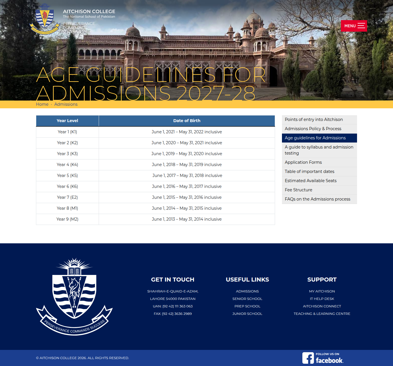 Snapshot of Age Guidelines for Admissions 2027-28