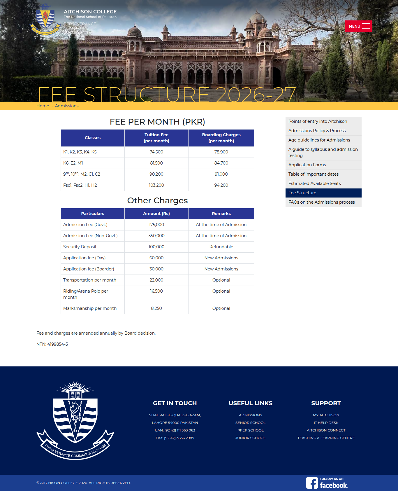 Snapshot of Fee Structure 2026-27