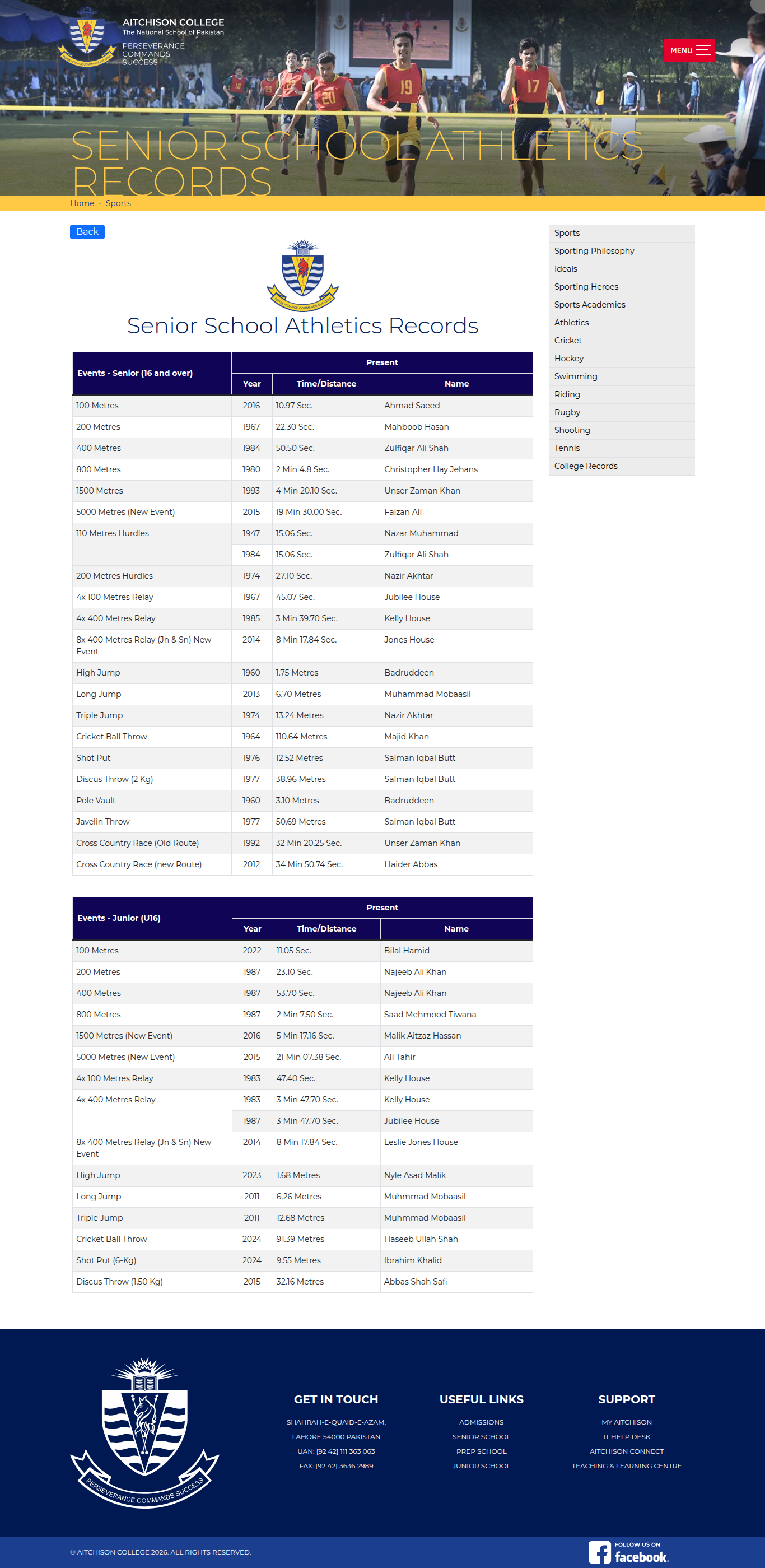 Snapshot of Senior School Athletics Records