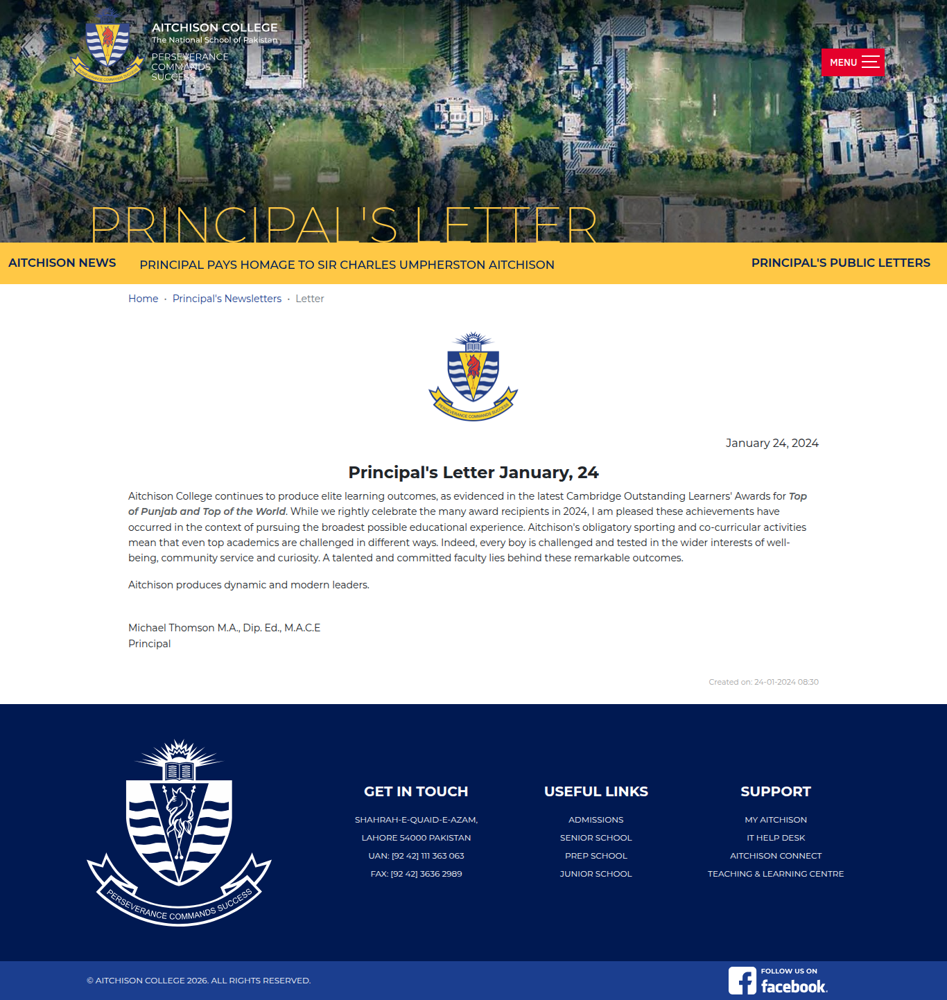 Snapshot of Principal's Letter January, 24