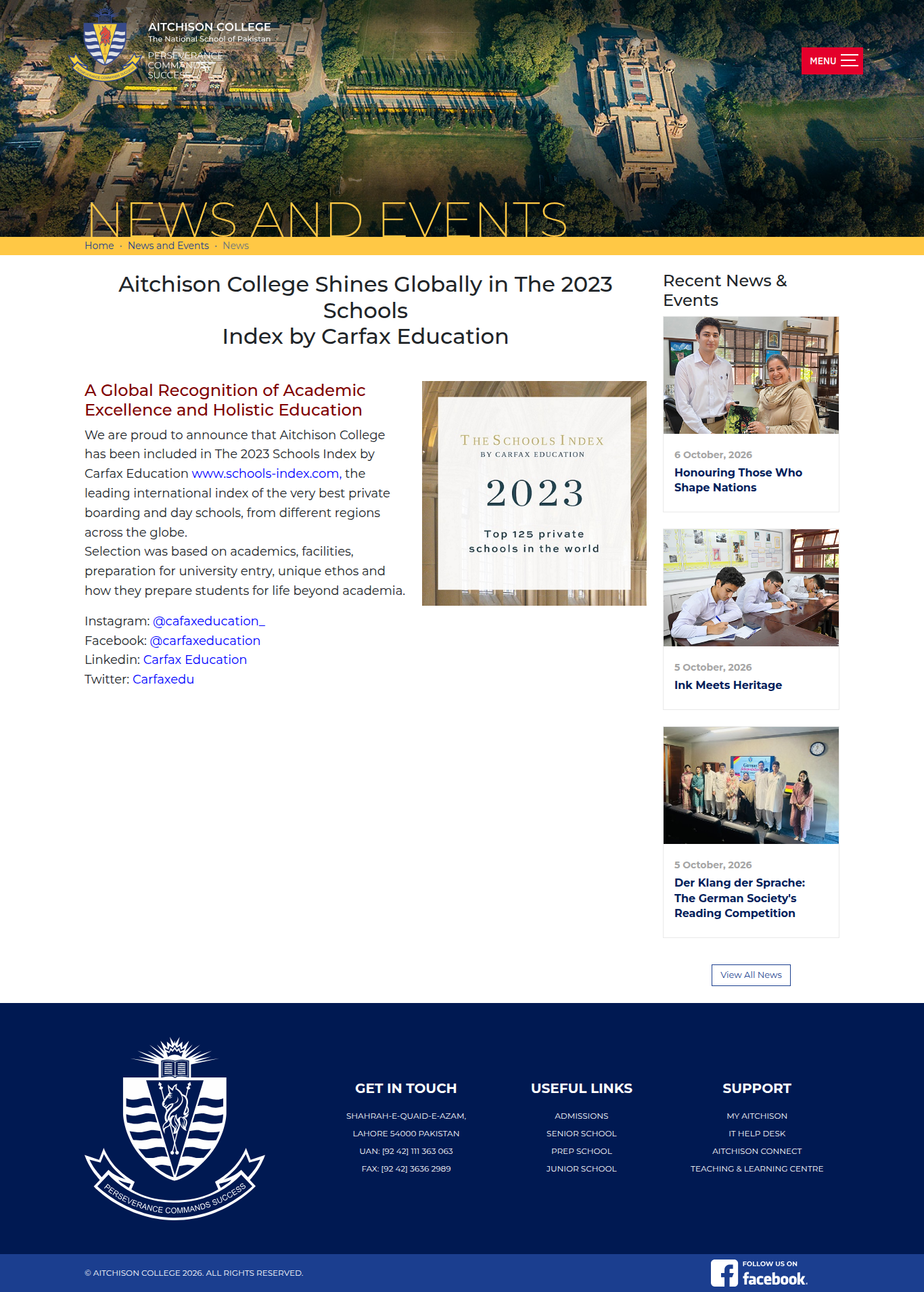 Snapshot of Aitchison College Shines Globally in The 2023 Schools Index by Carfax Education