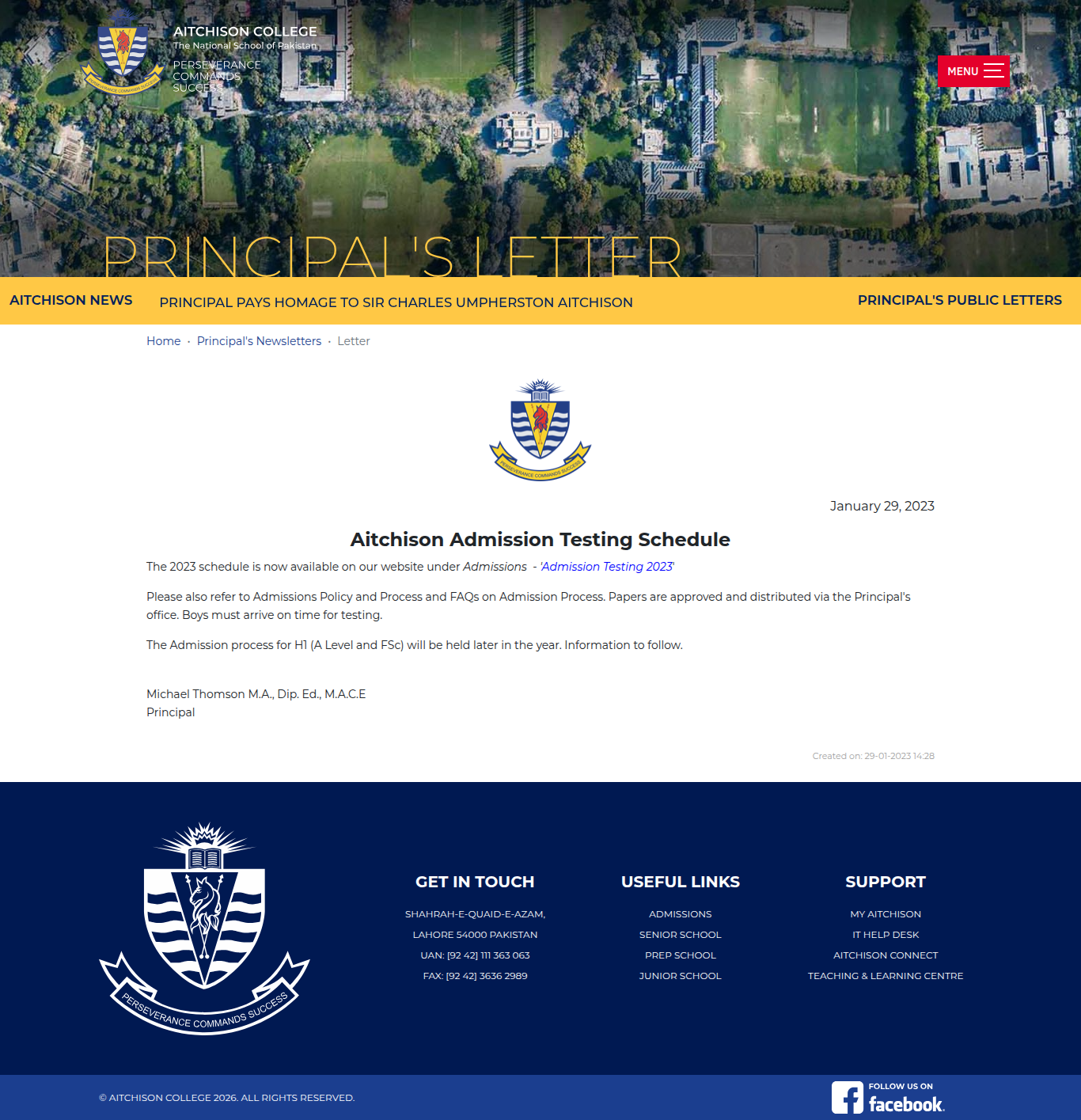 Snapshot of Aitchison Admission Testing Schedule