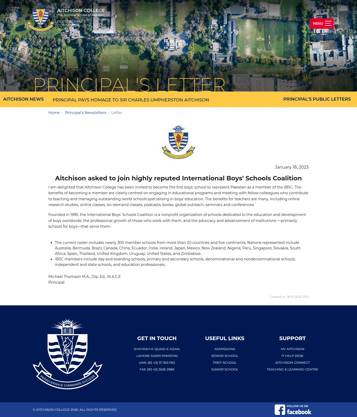 Snapshot of Aitchison asked to join highly reputed International Boys' Schools Coalition