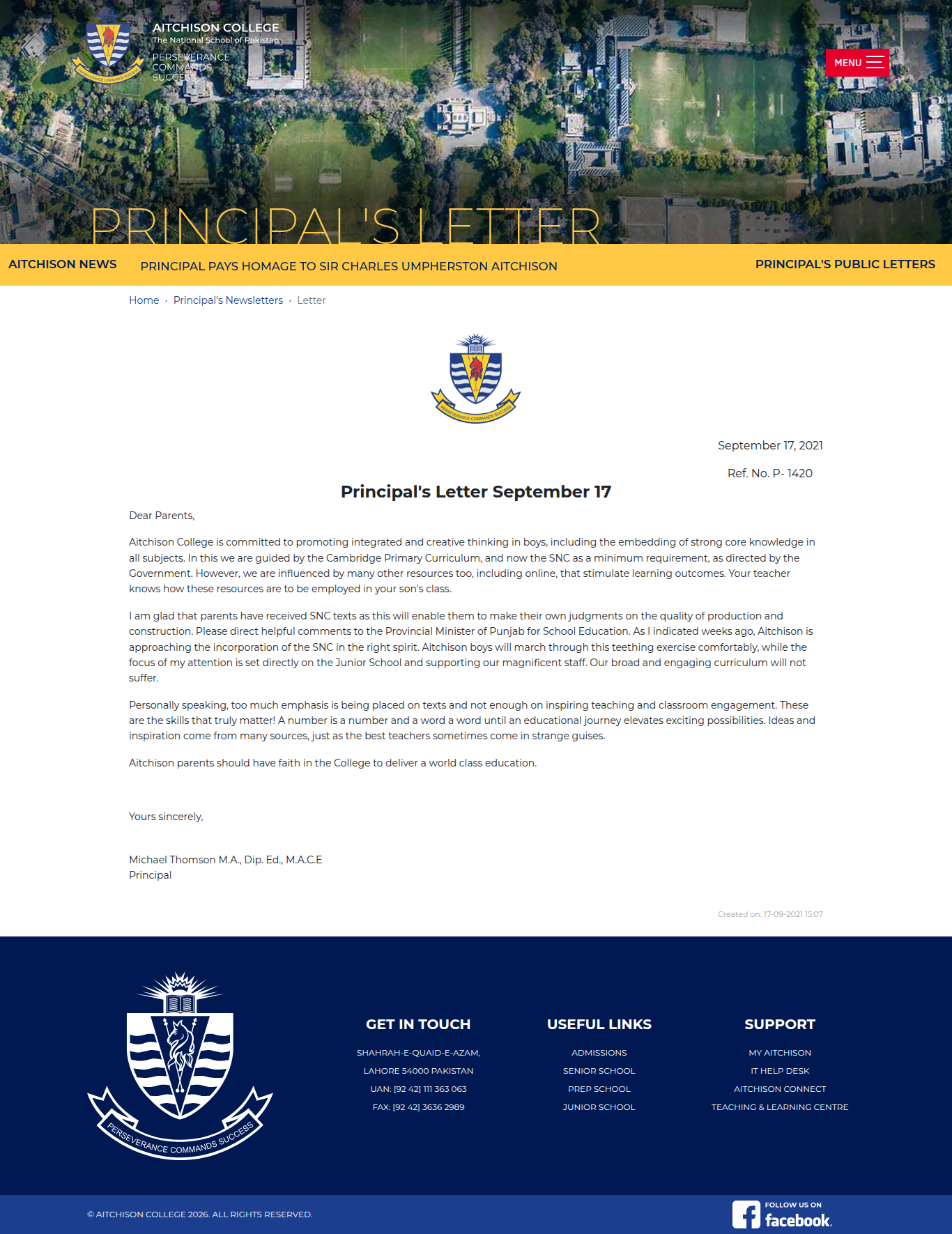 Snapshot of Principal's Letter September 17