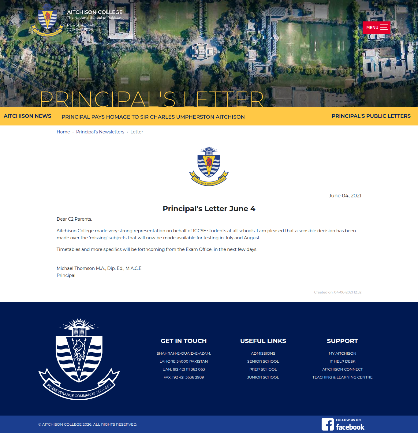Snapshot of Principal's Letter June 4