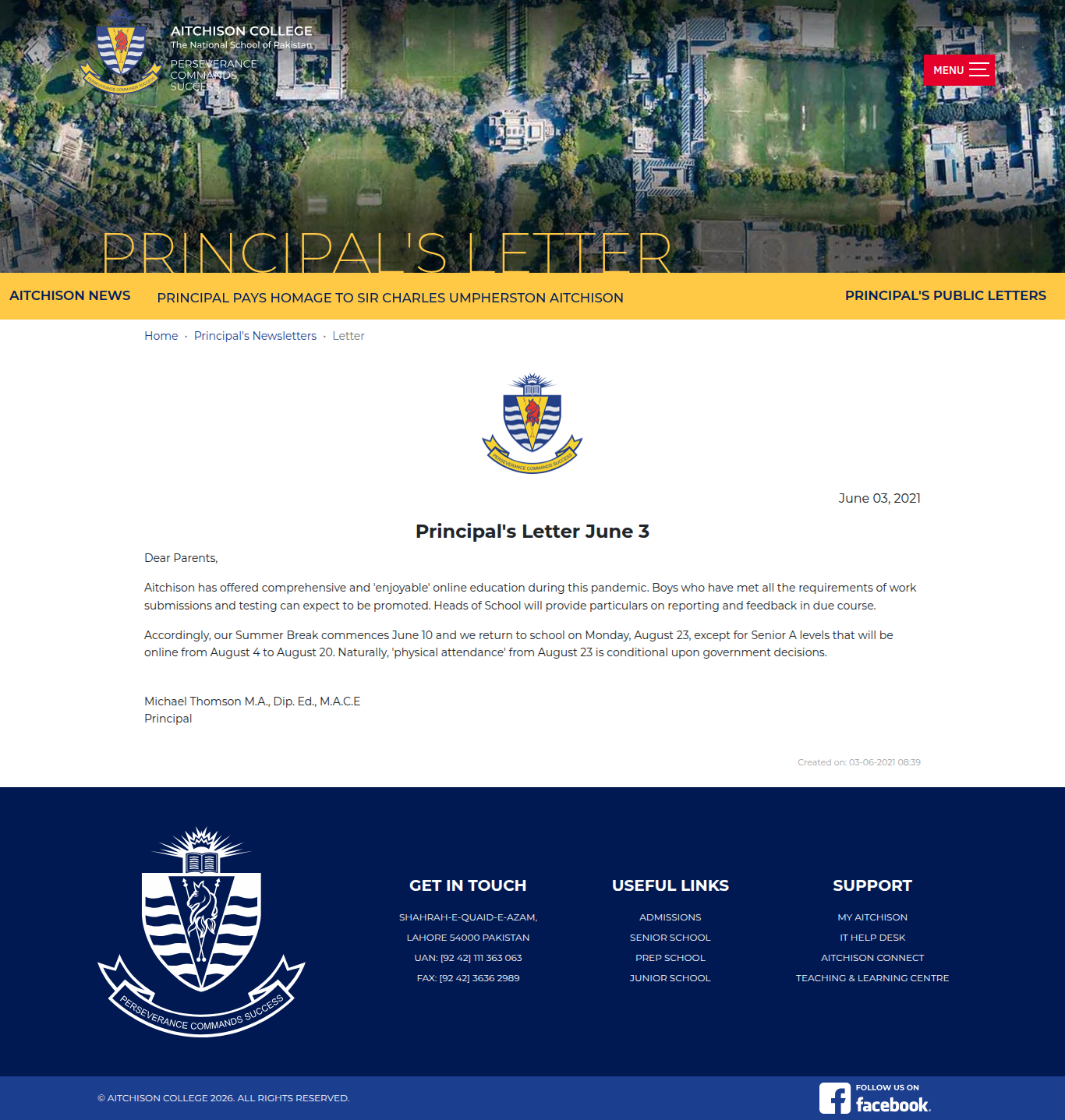 Snapshot of Principal's Letter June 3