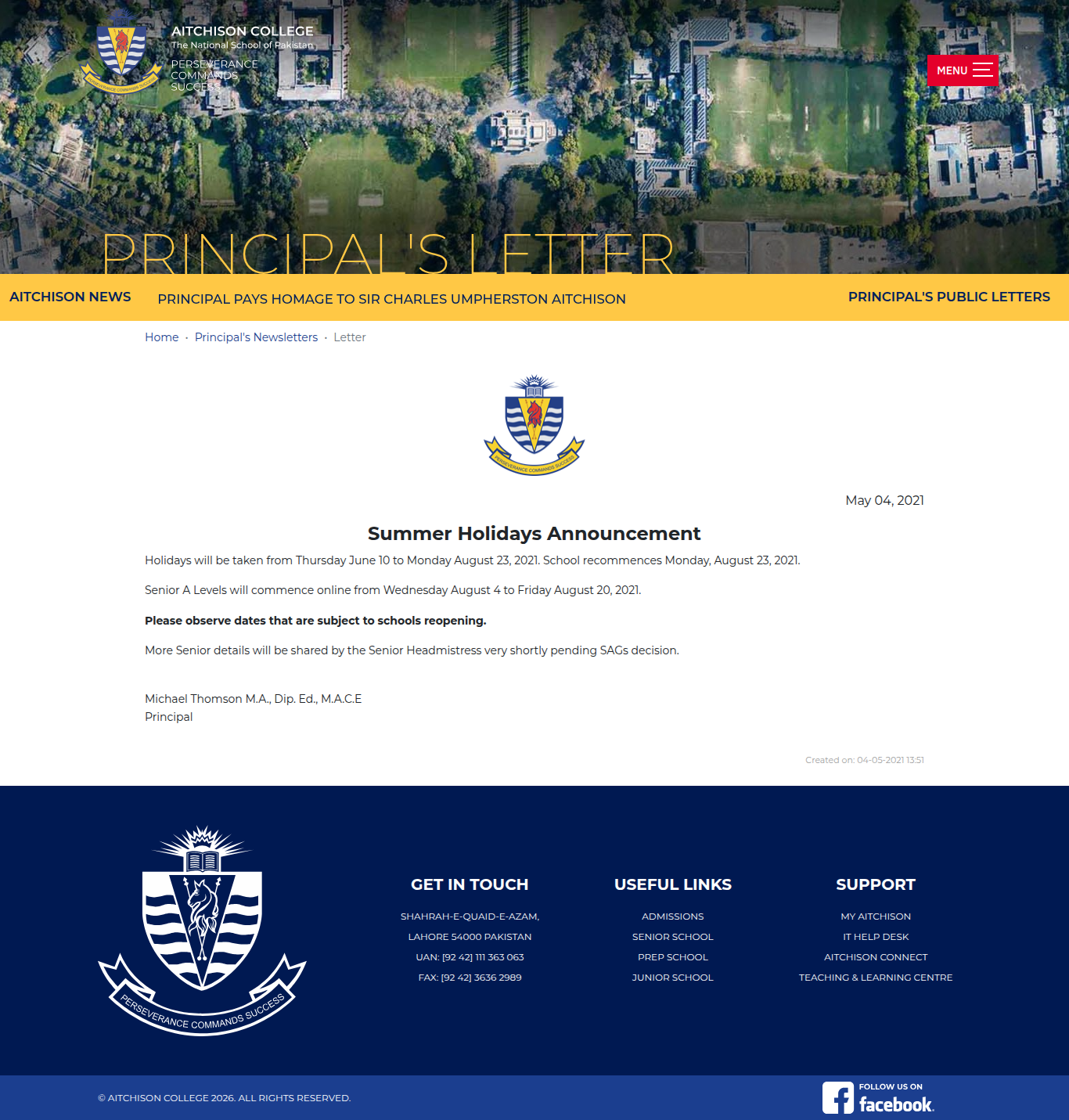 Snapshot of Summer Holidays Announcement