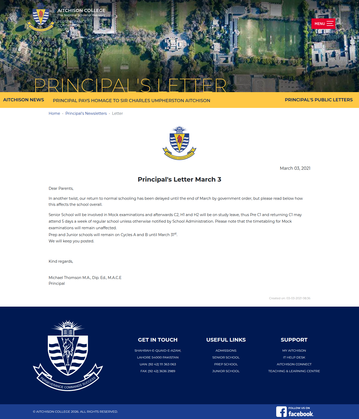 Snapshot of Principal's Letter March 3