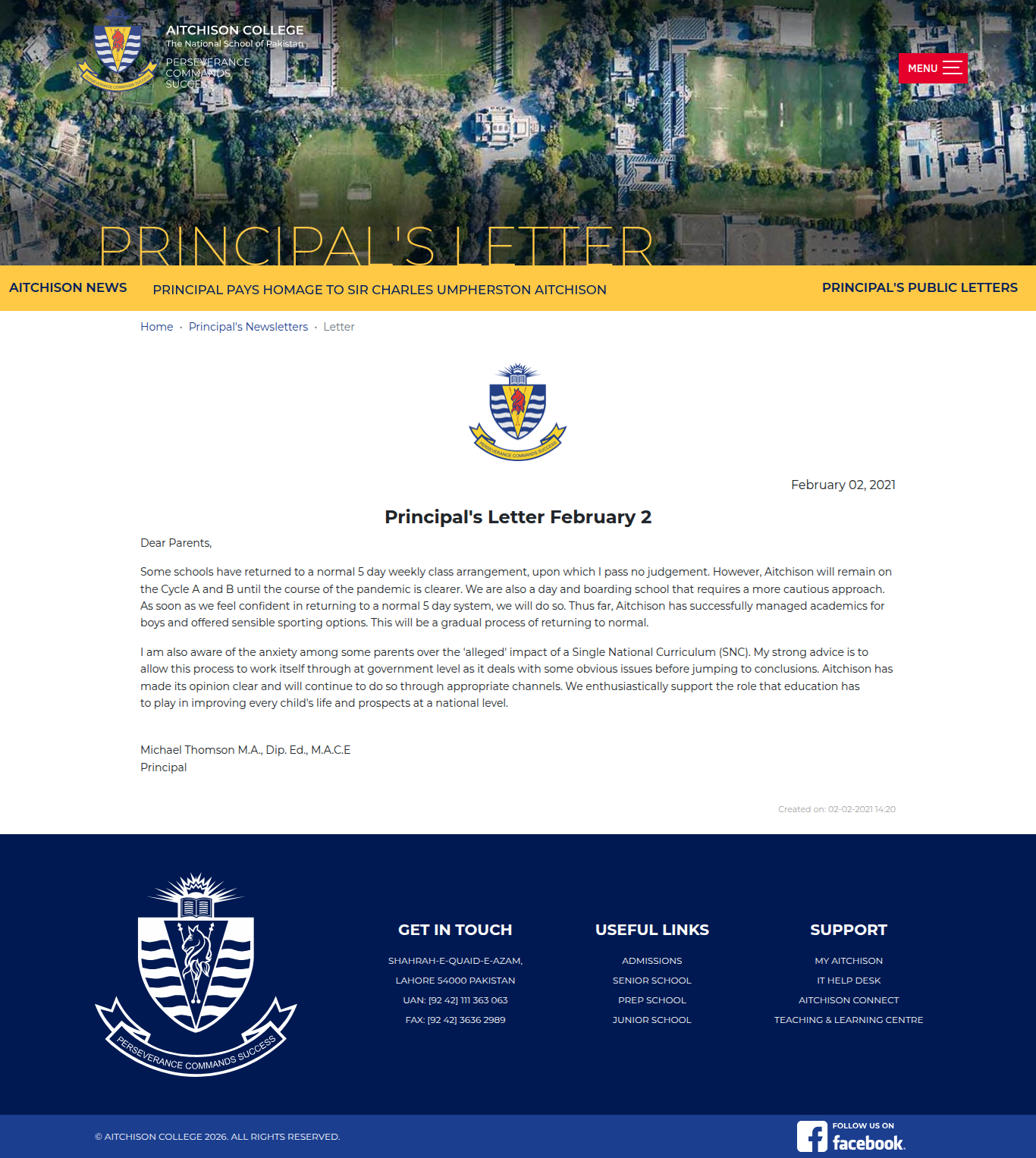 Snapshot of Principal's Letter February 2