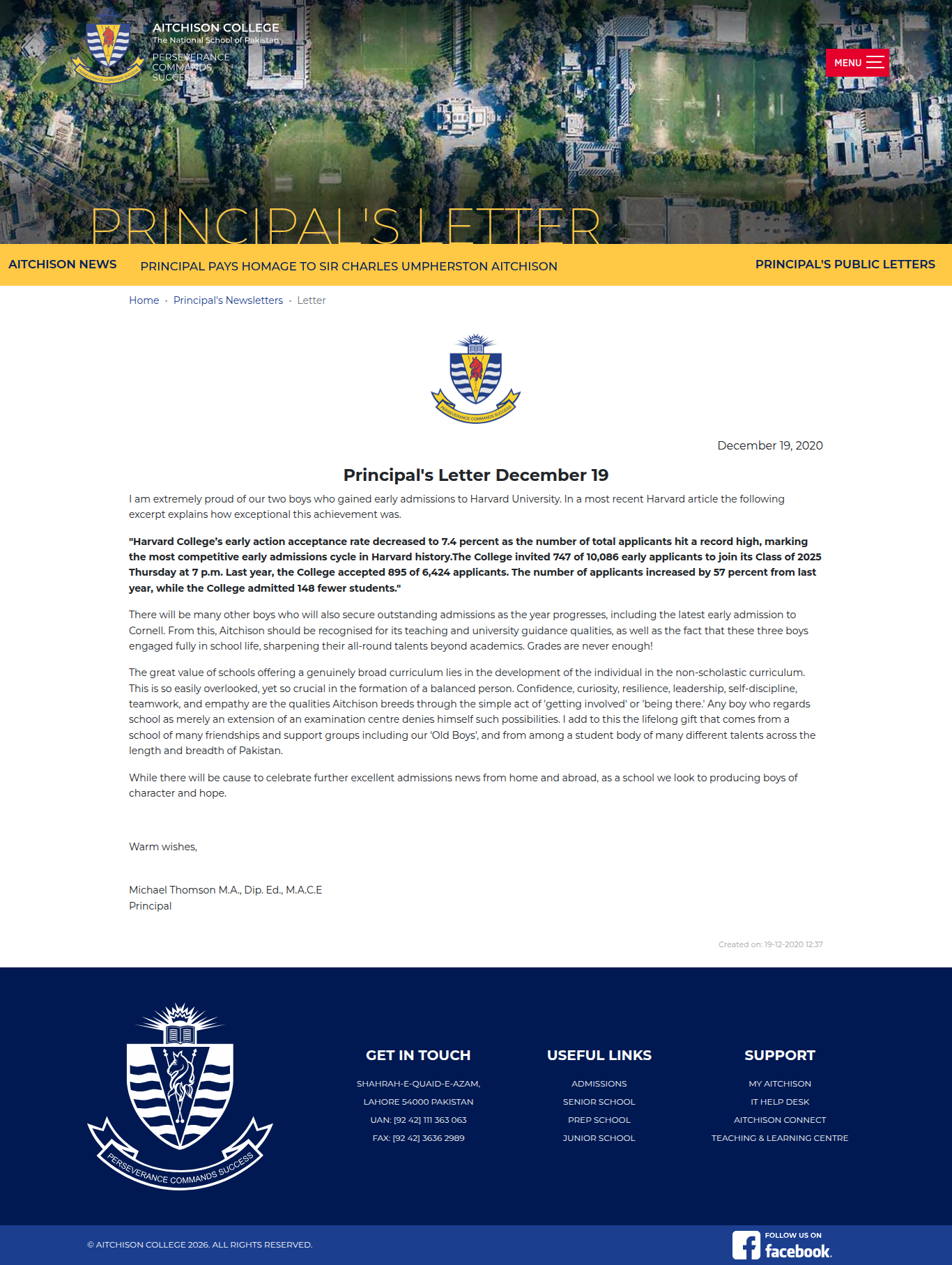 Snapshot of Principal's Letter December 19
