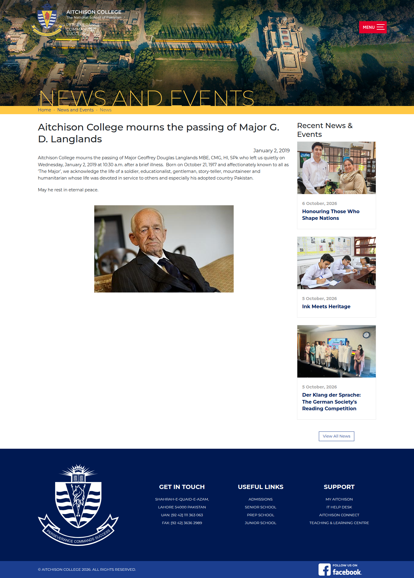 Snapshot of Aitchison College mourns the passing of Major G. D. Langlands