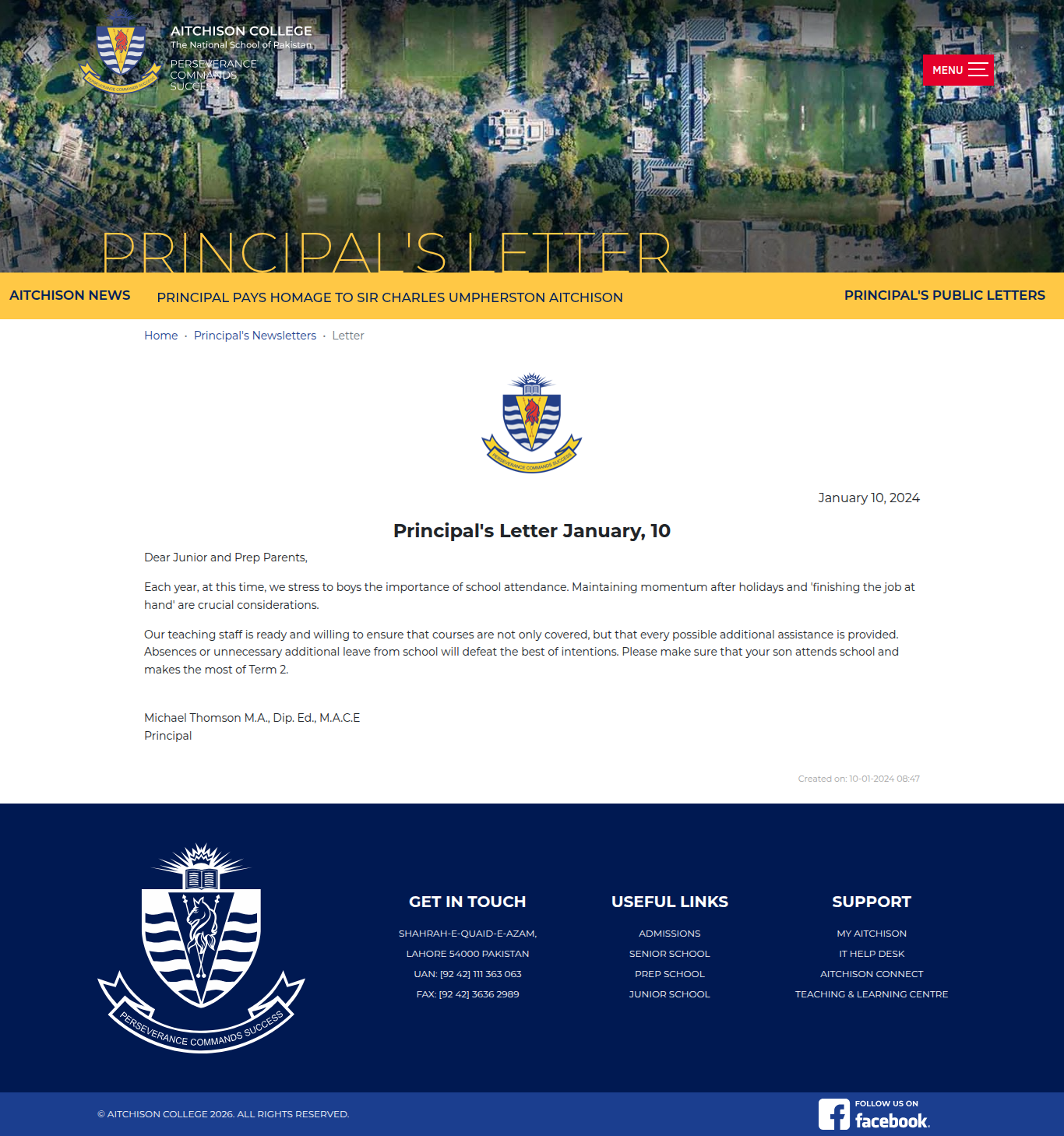 Snapshot of Principal's Letter January, 10