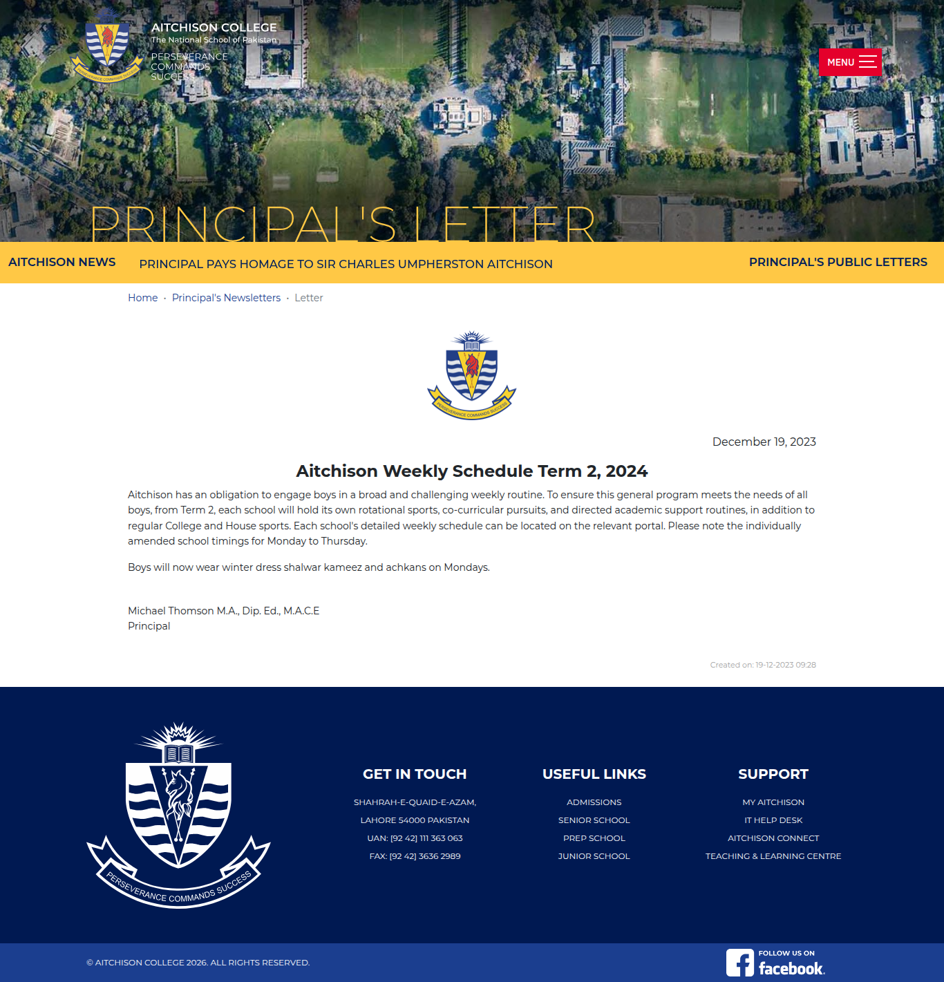 Snapshot of Aitchison Weekly Schedule Term 2, 2024