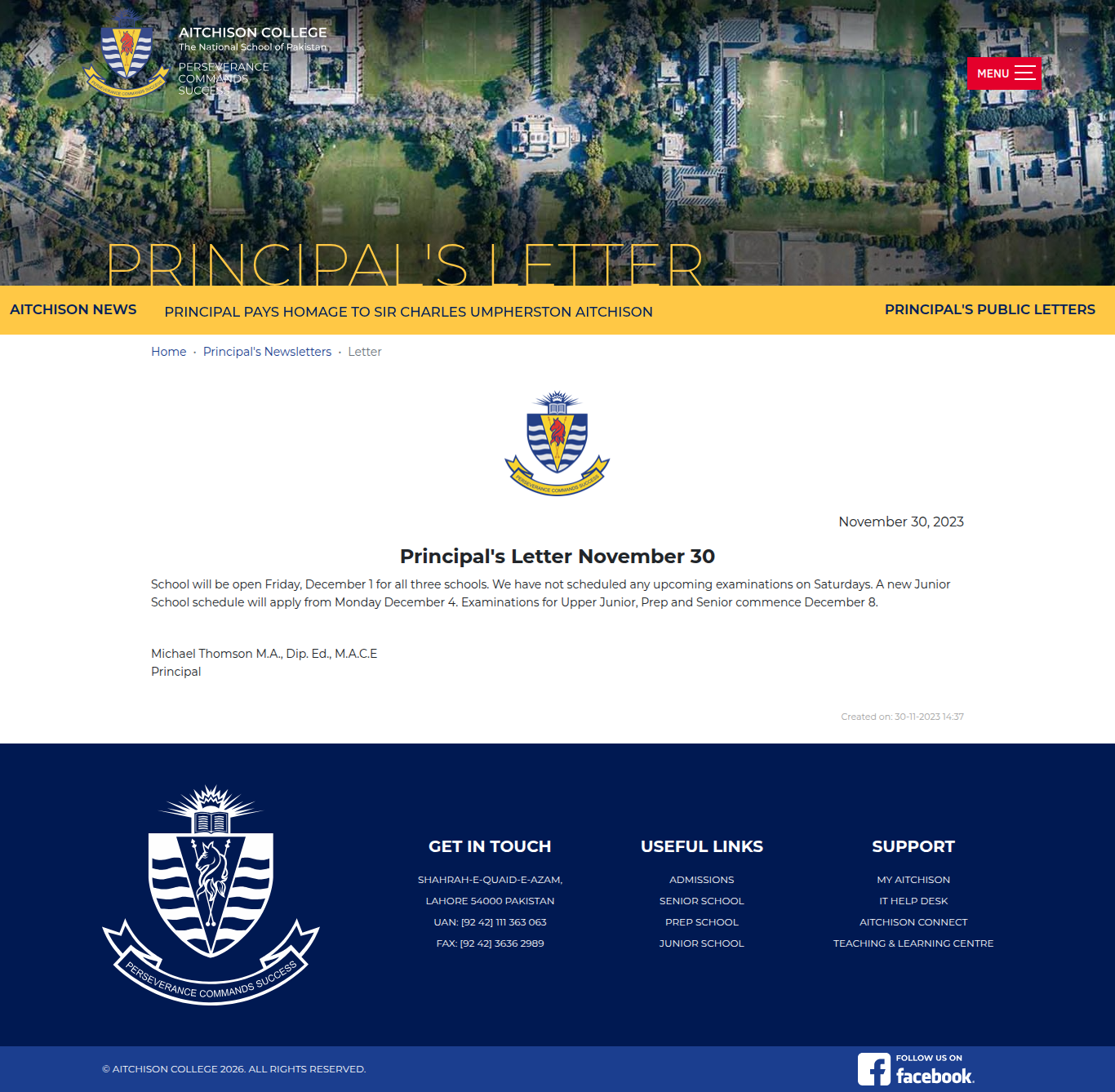 Snapshot of Principal's Letter November 30