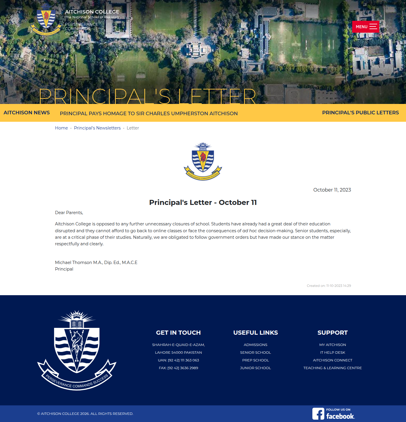 Snapshot of Principal's Letter - October 11