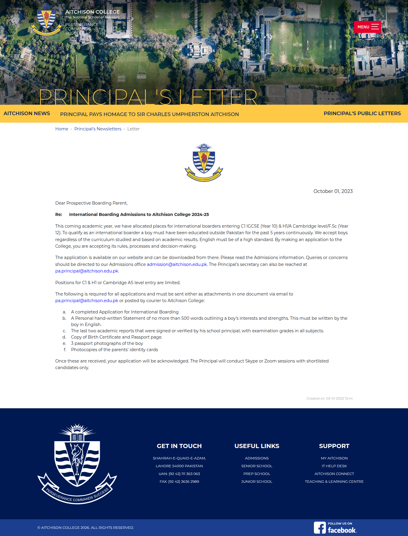 Snapshot of Re: International Boarding Admissions to Aitchison College 2024-25