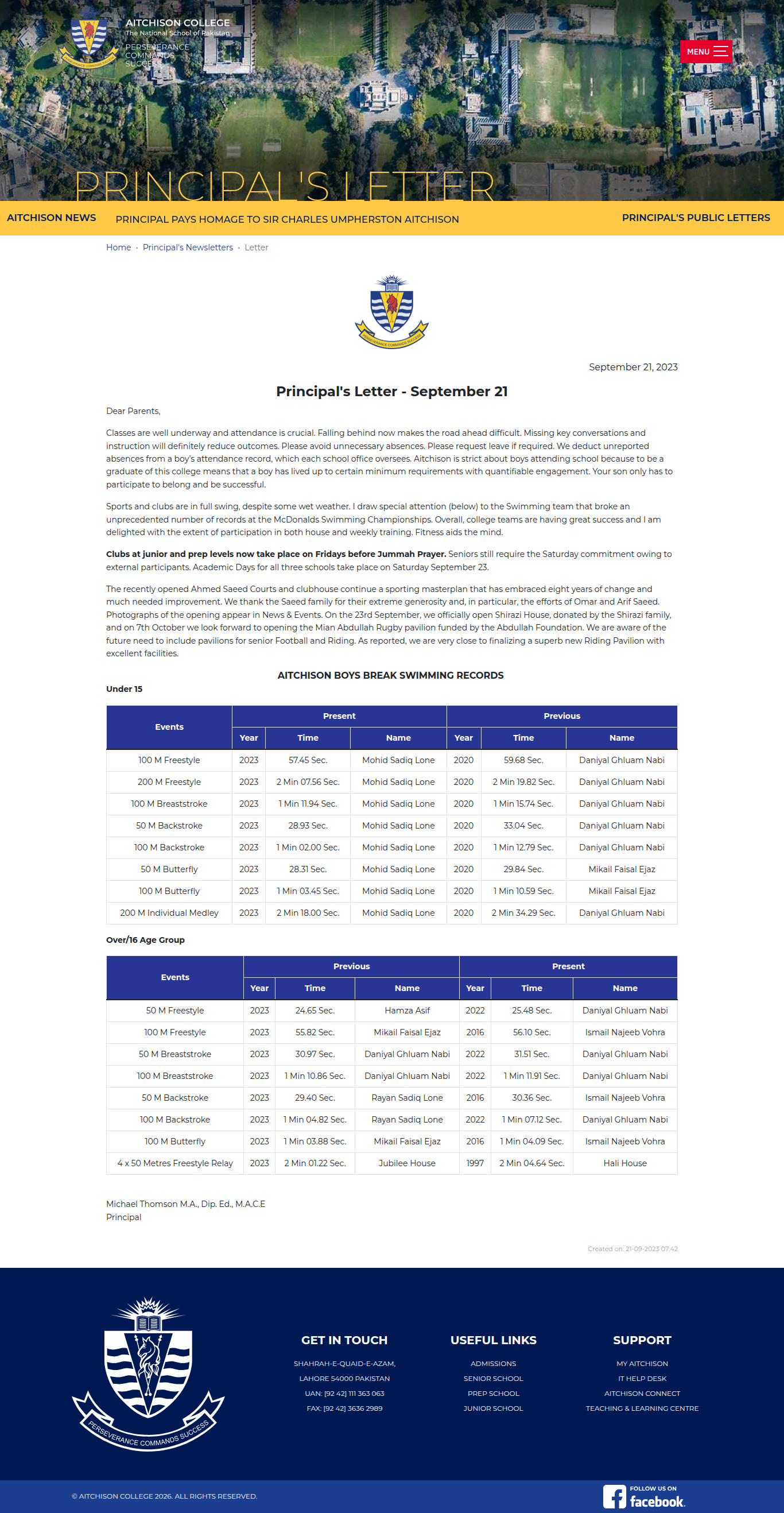 Snapshot of Principal's Letter - September 21