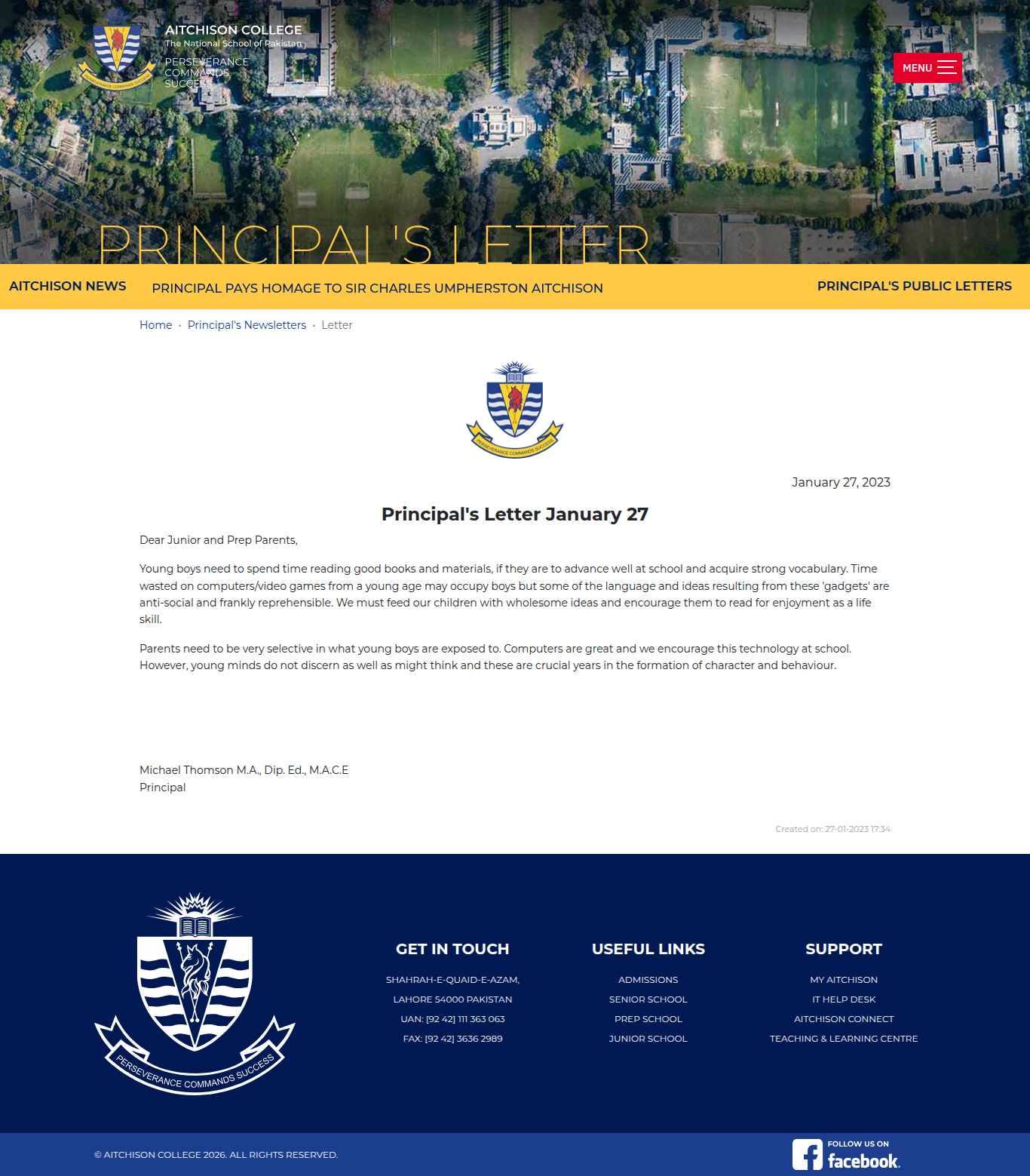 Snapshot of Principal's Letter January 27