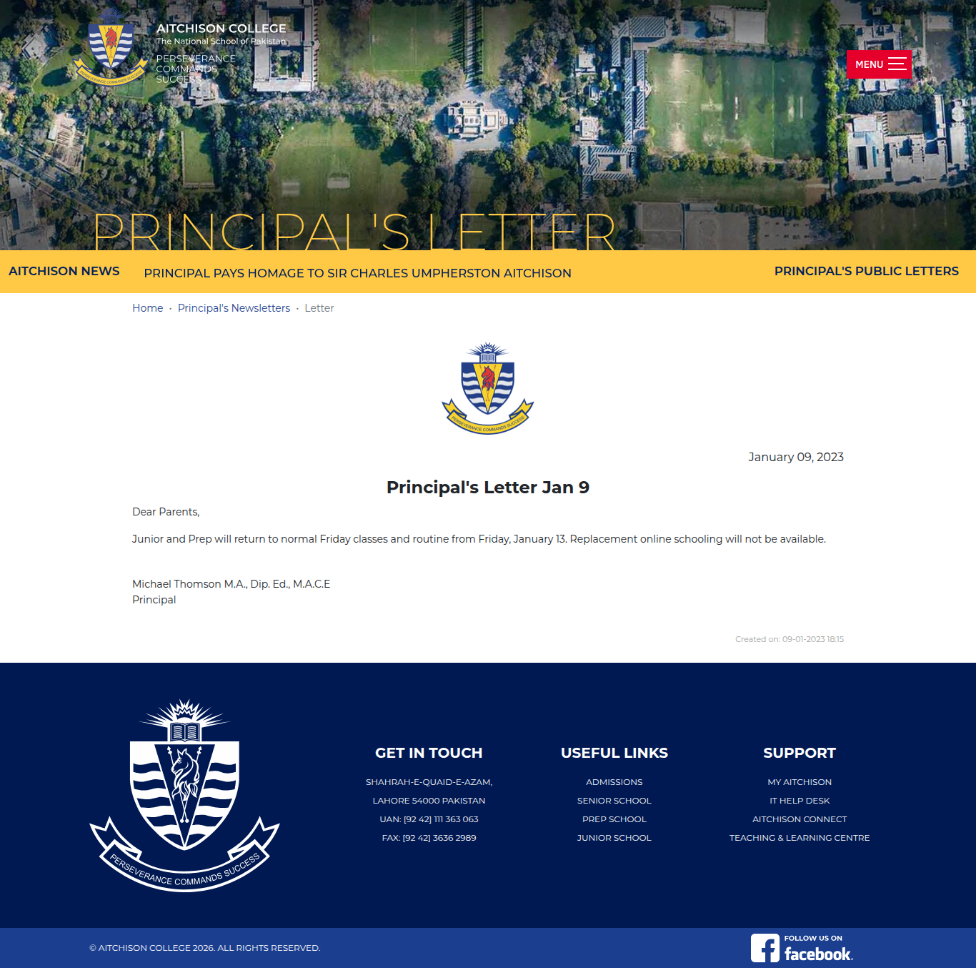 Snapshot of Principal's Letter Jan 9