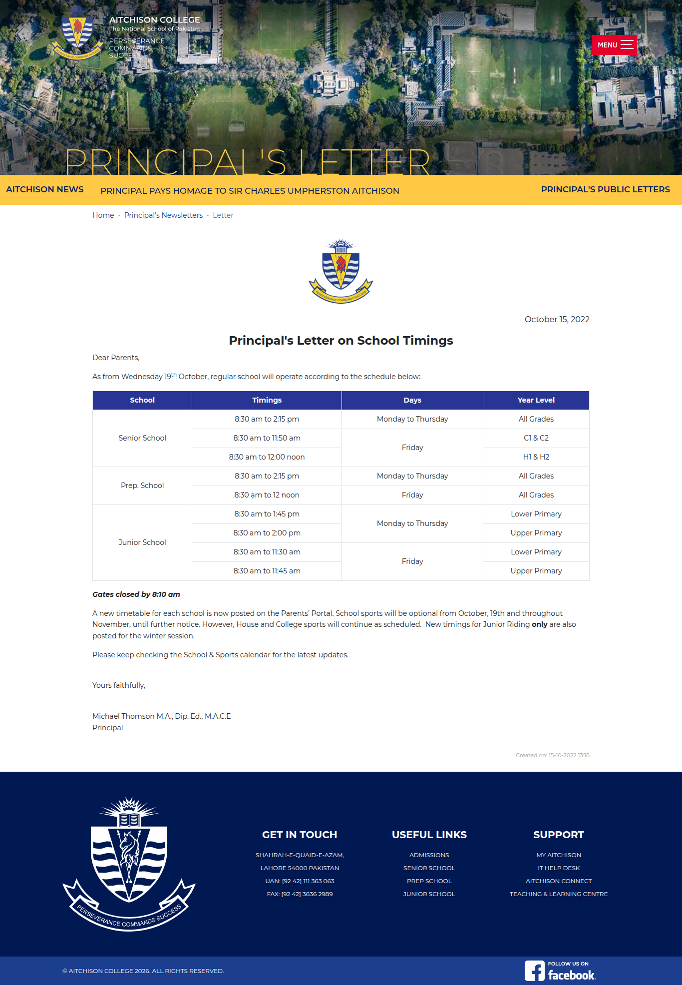 Snapshot of Principal's Letter on School Timings