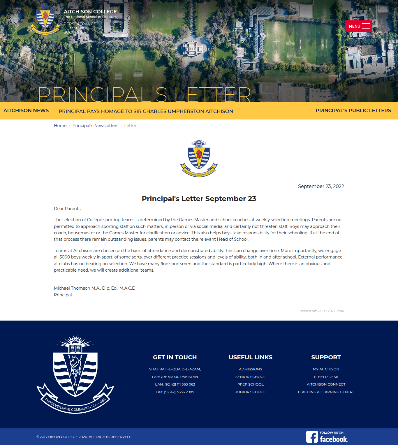 Snapshot of Principal's Letter September 23