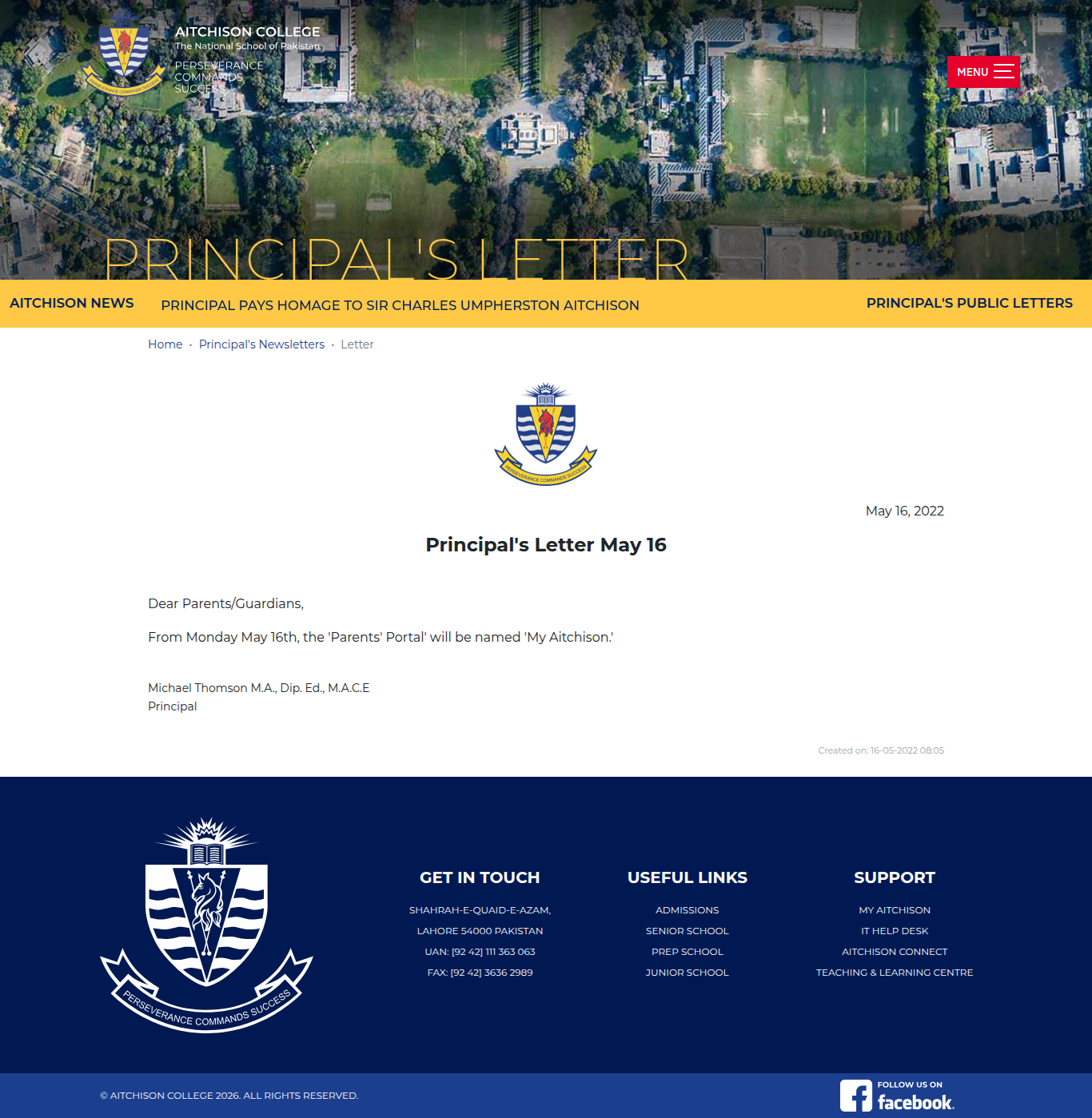 Snapshot of Principal's Letter May 16