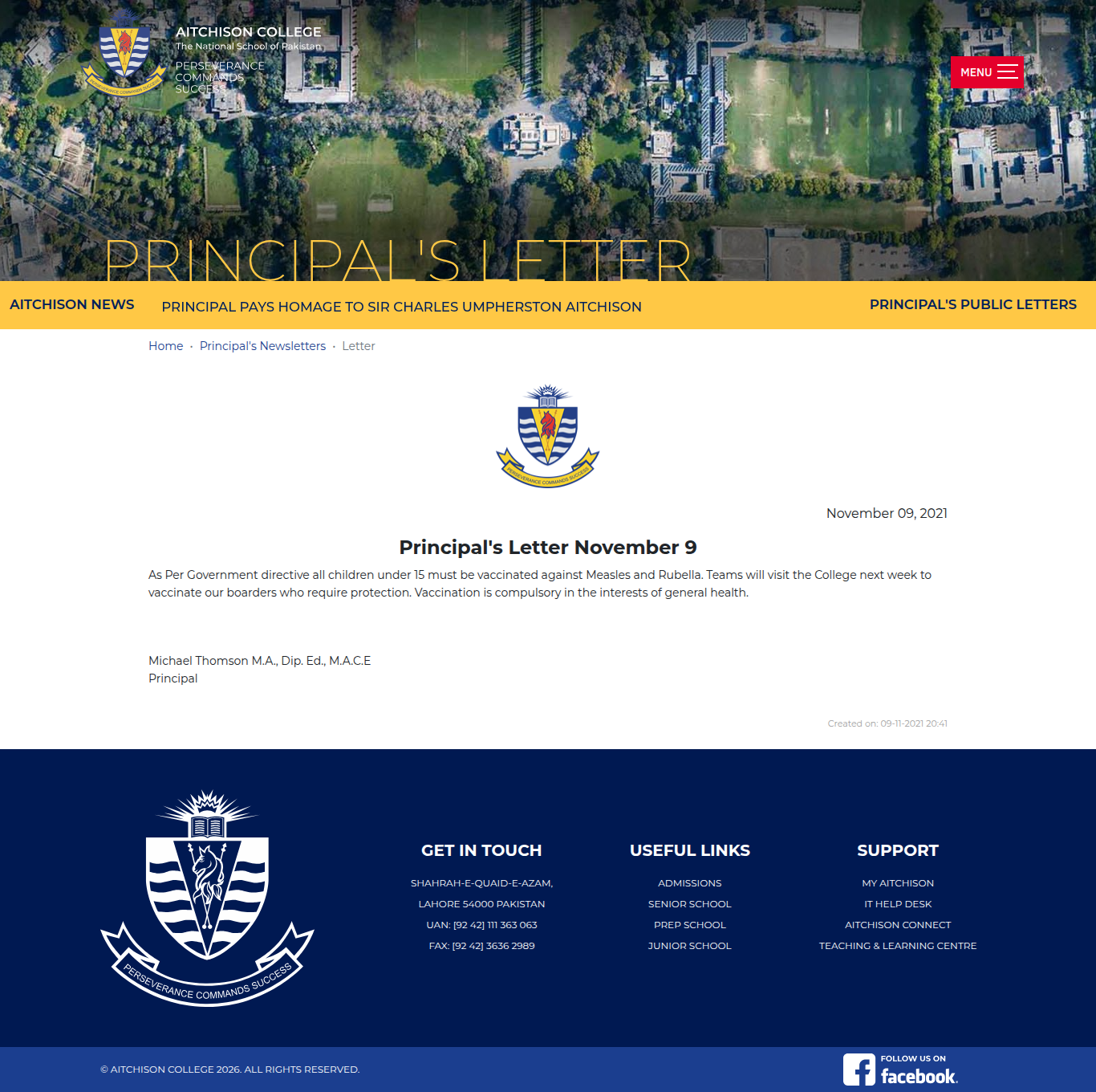 Snapshot of Principal's Letter November 9