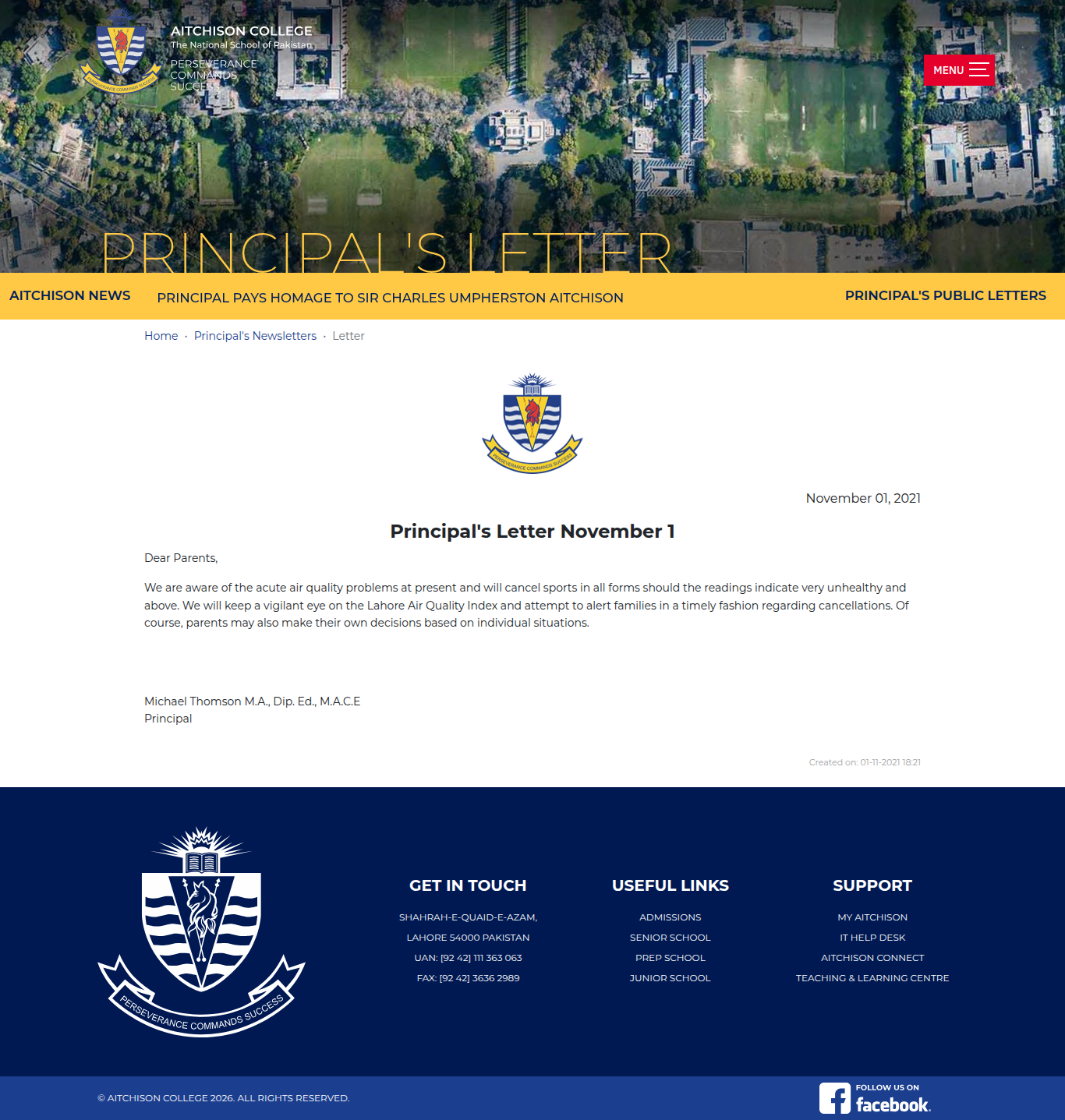 Snapshot of Principal's Letter November 1